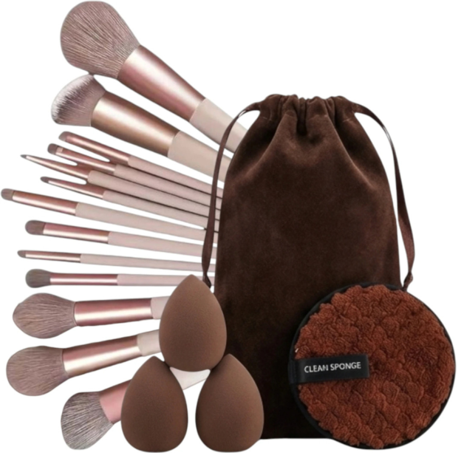 Image of Vidhmahi 17Pc Makeup Kit Set - 13 Brushes, 3 Blenders & Clean Sponge (Coffee)