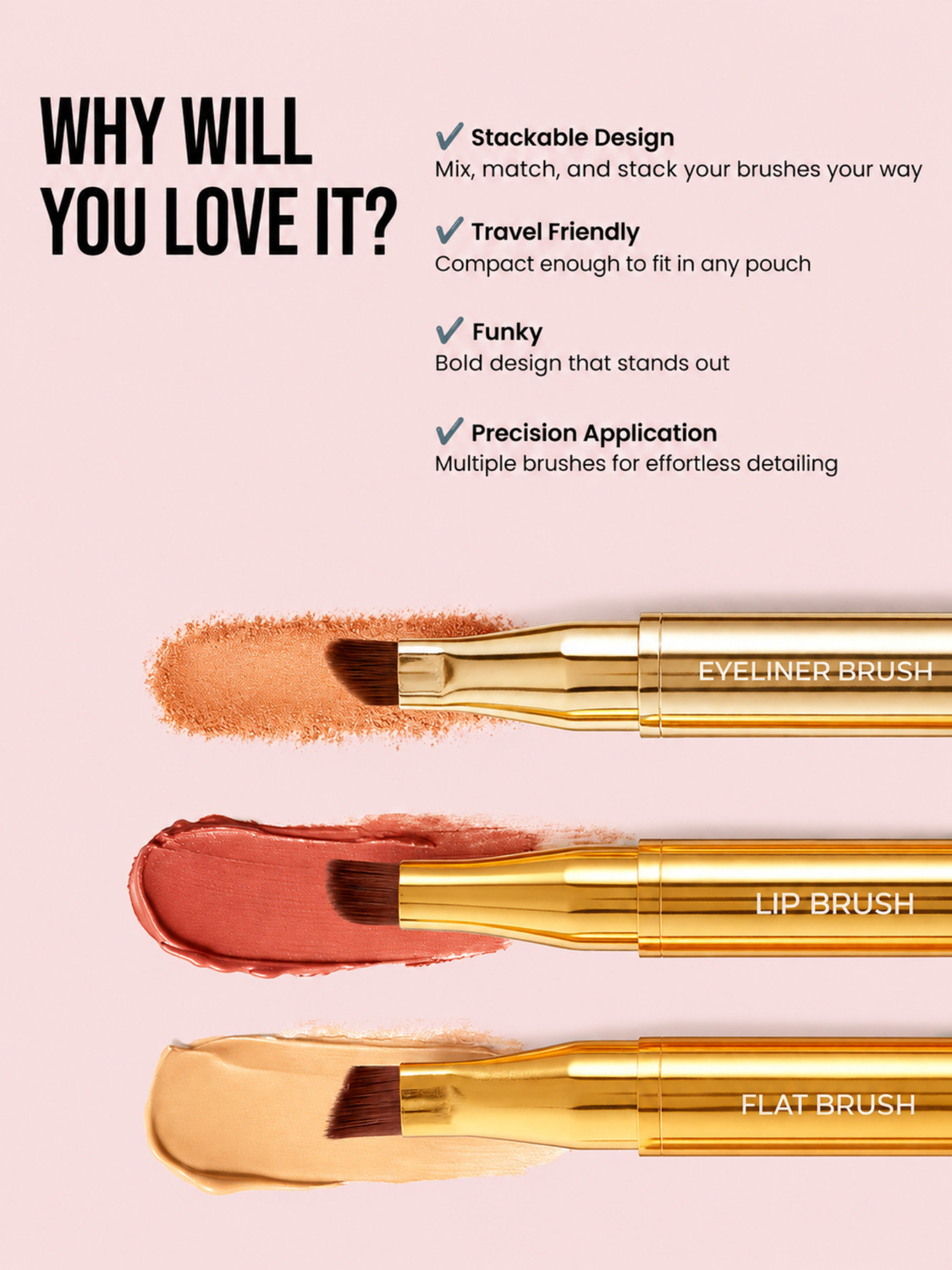 Image of MINARA 3 in 1 Stackable Makeup Brush Set-Eyeliner, Lip & Flat Brush (Gold)