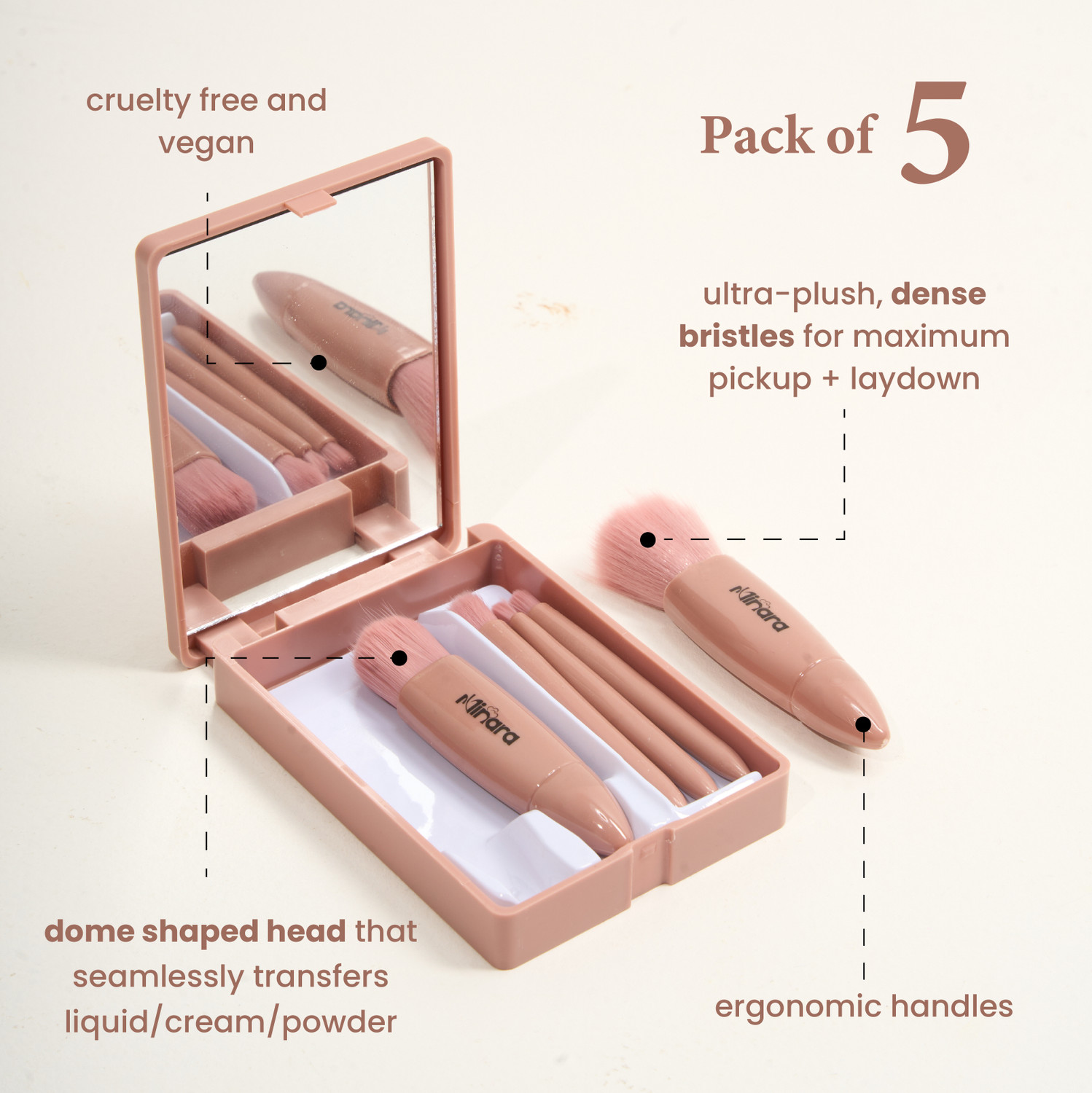 Image of MINARA Travel Friendly Makeup Brush Applicator Set Of 5 Box With Mirror