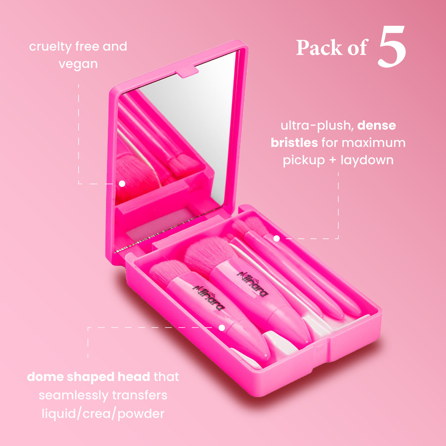 Image of MINARA Makeup Brush Applicator Set of 5 with Mirror & Pouch