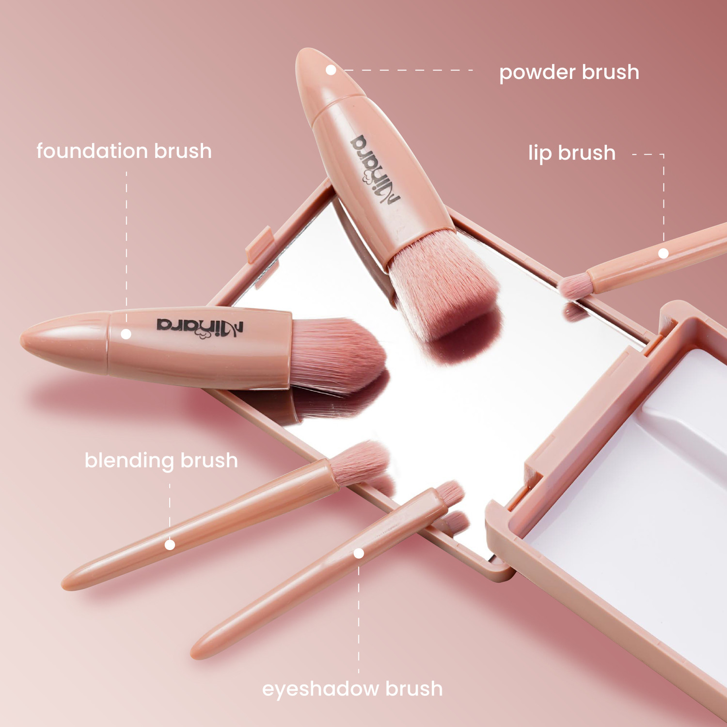 Image of MINARA Travel Friendly Makeup Brush Applicator Set Of 5 Box With Mirror