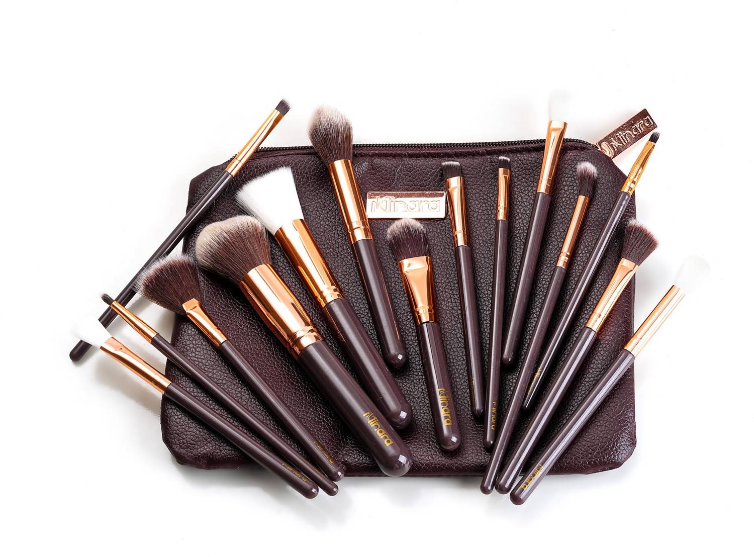 MINARA Makeup Brush Applicator Set of 15 with Premium Leather Pou