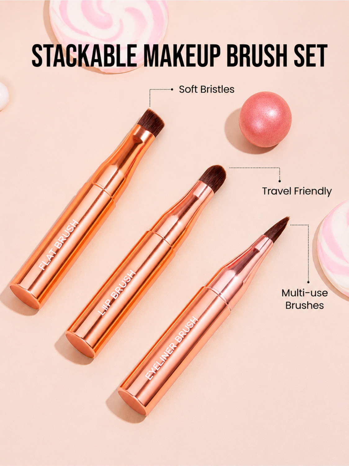 Image of MINARA 3 in 1 Stackable Makeup Brush Set-Eyeliner, Lip & Flat Brush (Rose Gold)