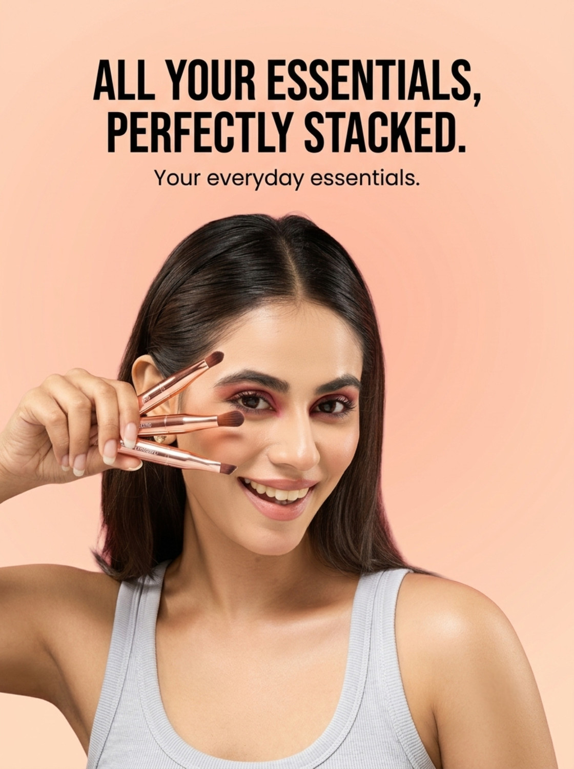 Image of MINARA 3 in 1 Stackable Makeup Brush Set-Eyeliner, Lip & Flat Brush (Rose Gold)