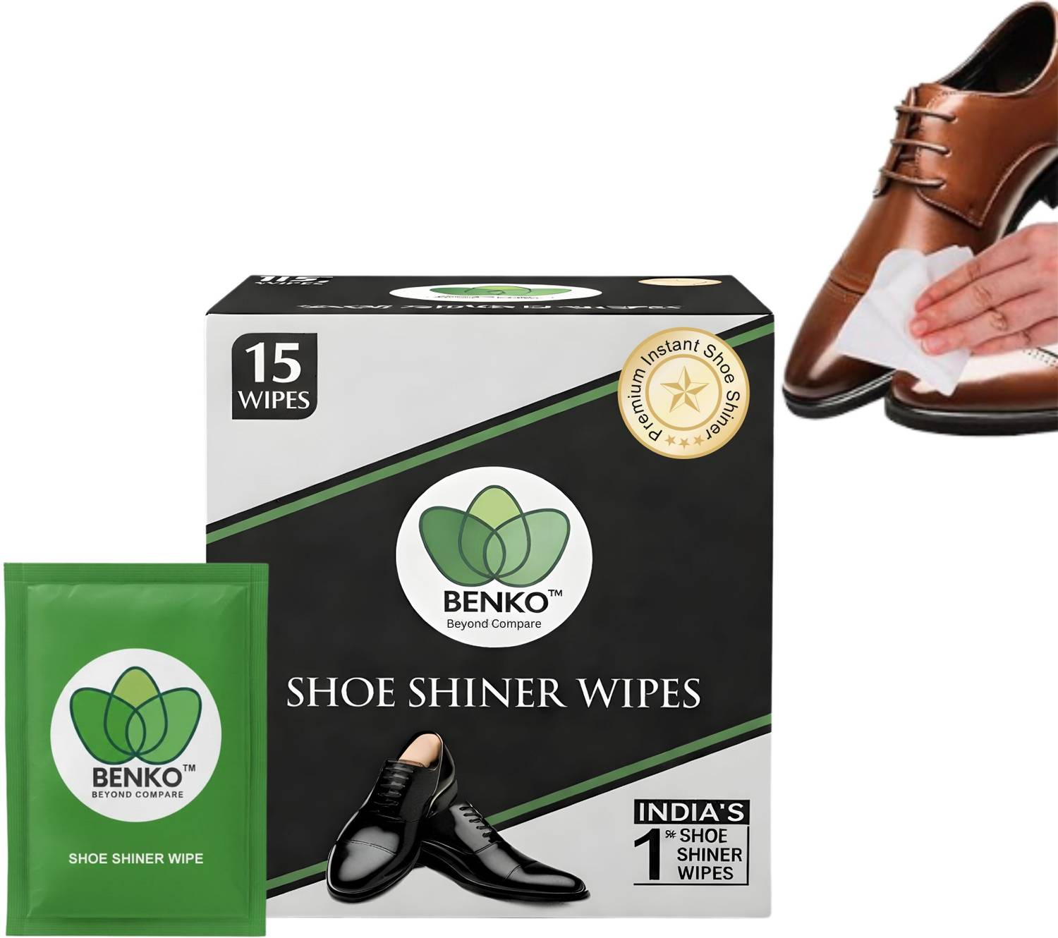 BENKO India’s 1st Shoe Shiner Wipes 15s Pack | For All Types Leather Footwear Shiner Leather Shoe Liquid Polish