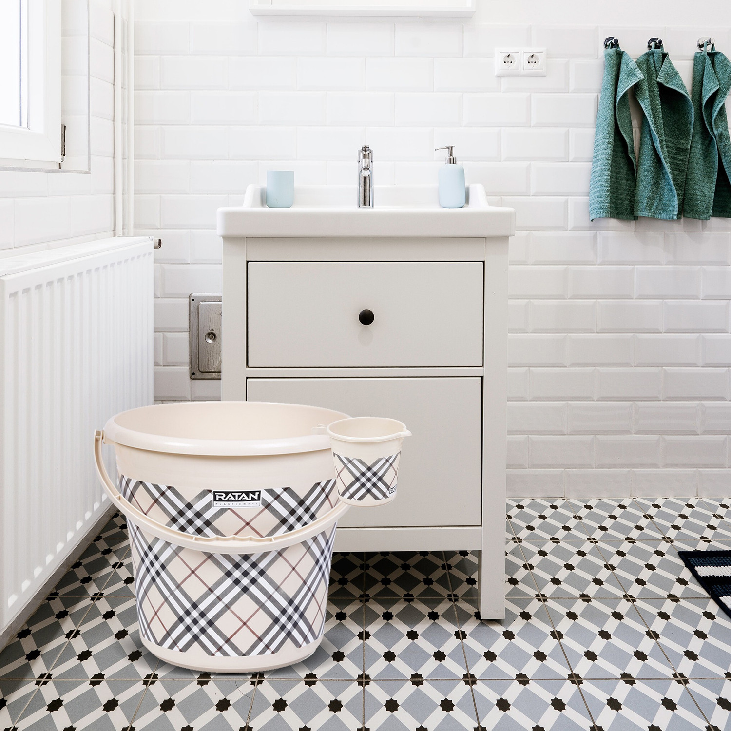 Image of RATAN Frosty Checks Print Beige Pack of 4 Bathroom Set (Bucket x 2, Mug x 2) 25 L Plastic Bucket