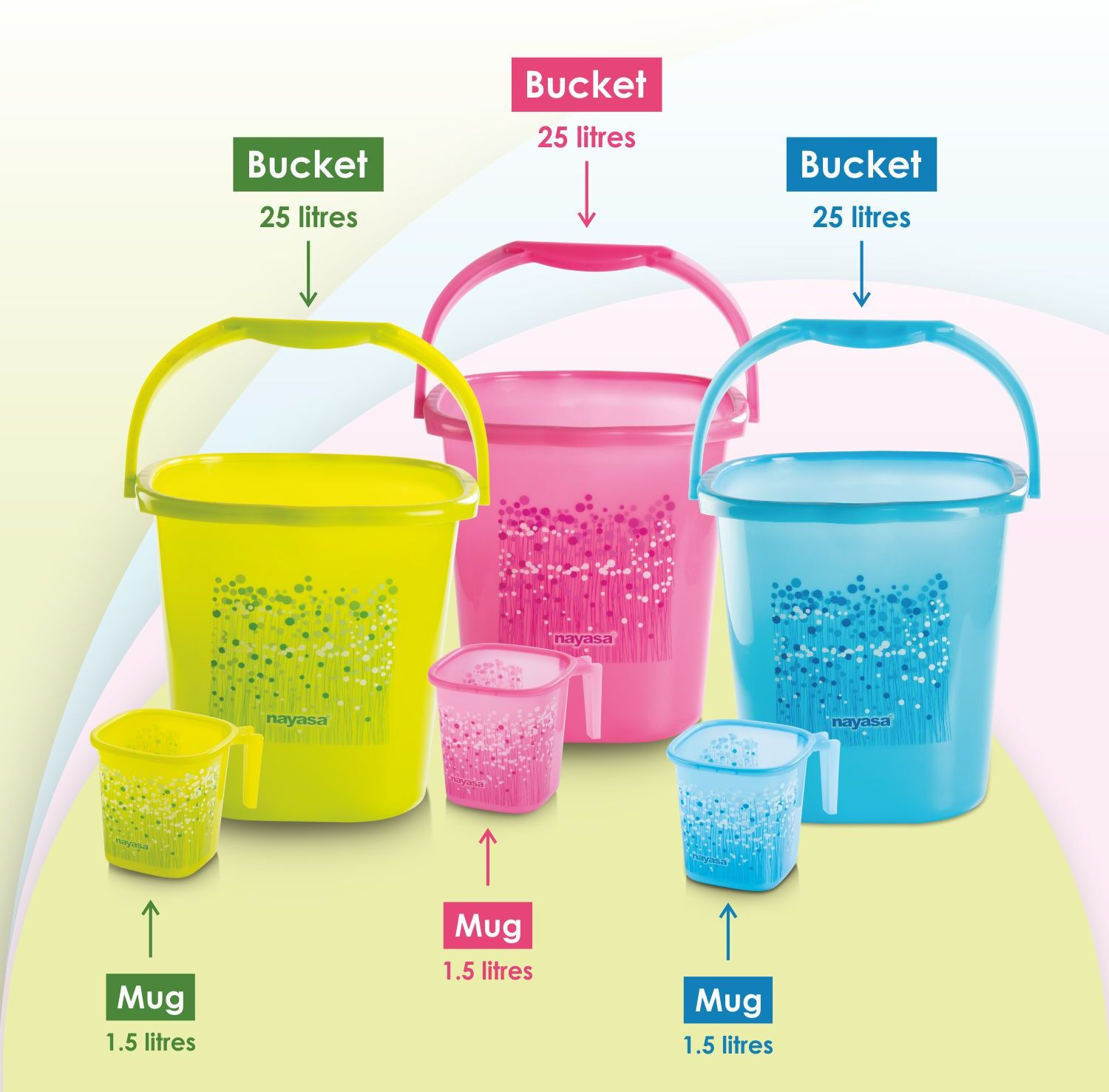Image of NAYASA Funk Square 6 Pcs Bath Set | Sturdy and Durable | 3 Bkt 25 L+3 Mug 1.5 L | 25 L Plastic Bucket (Multicolor)