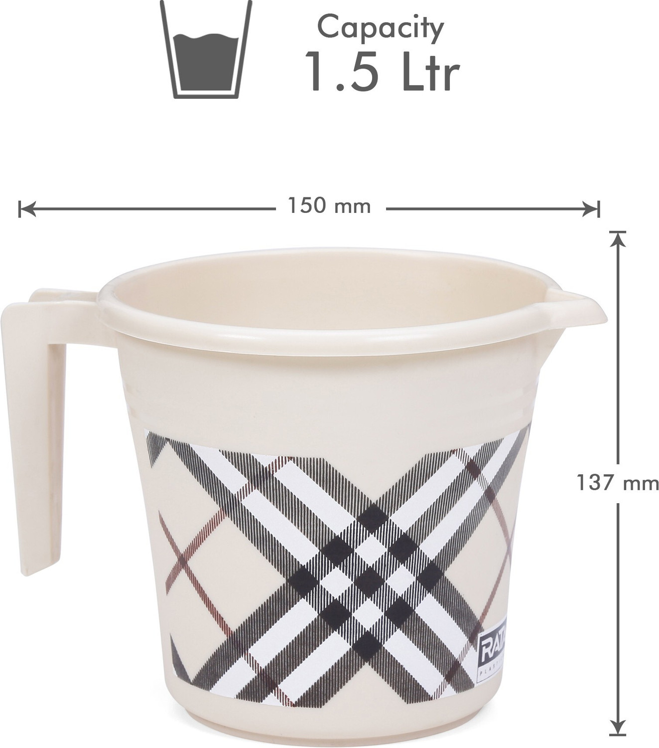 Image of RATAN Frosty Checks Print Beige Pack of 4 Bathroom Set (Bucket x 2, Mug x 2) 25 L Plastic Bucket
