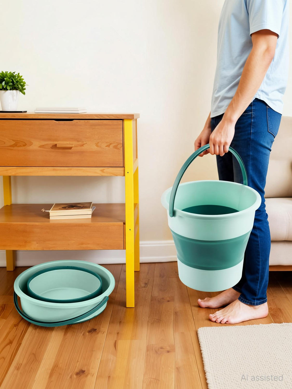 Image of ZUHI Foldable Bucket for Bathroom Cleaning, Car Wahs, Foot Soak Hot /Cold Water 10 L Silicone Bucket (Green)