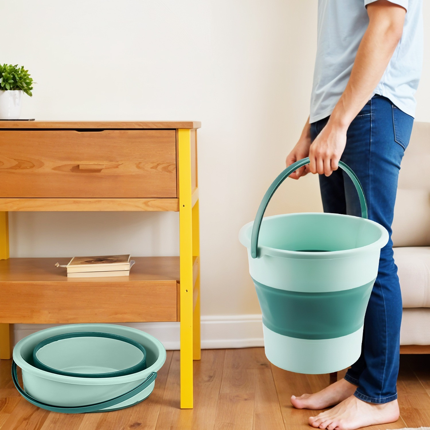 Image of ZUHI Foldable Bucket for Bathroom Cleaning, Car Wahs, Foot Soak Hot /Cold Water 10 L Silicone Bucket (Green)