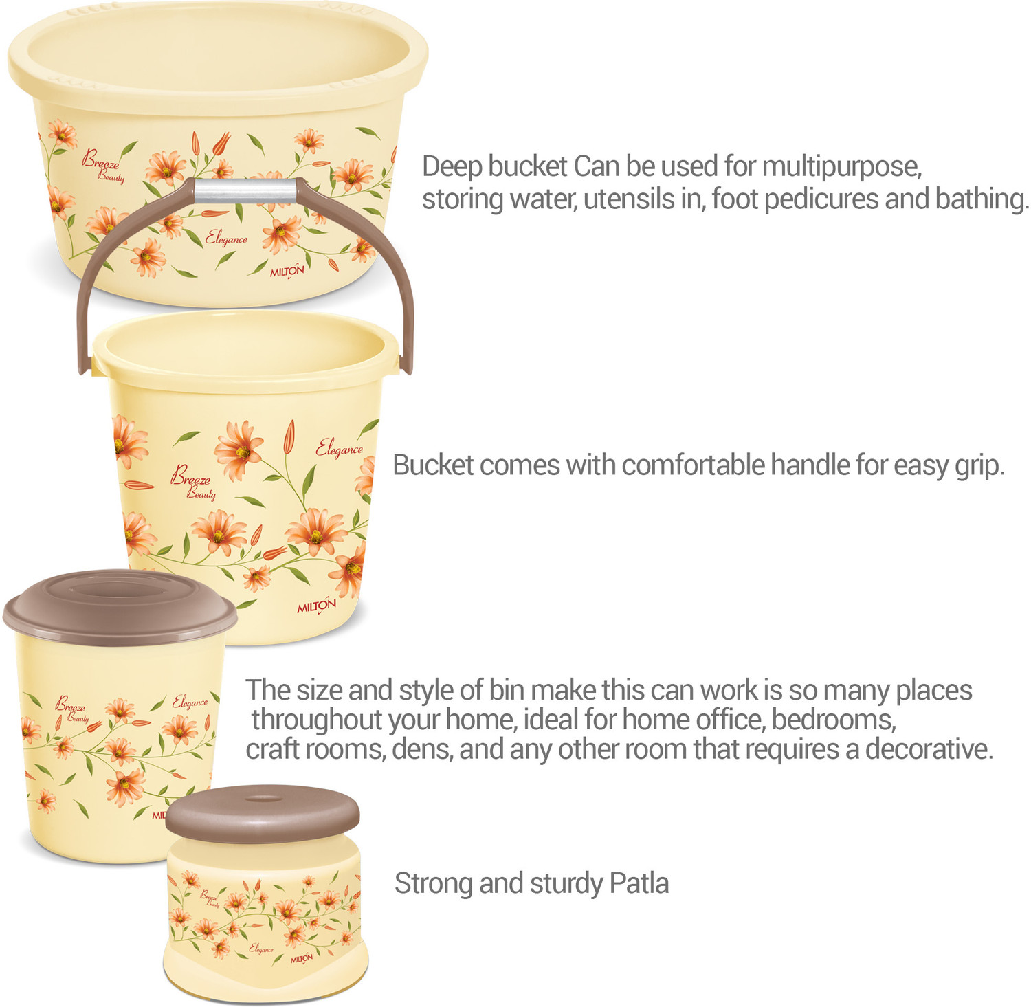 Image of MILTON Elegance Waste Paper Plastic Bath Set of 7 , Elegance 18 L Plastic Bucket