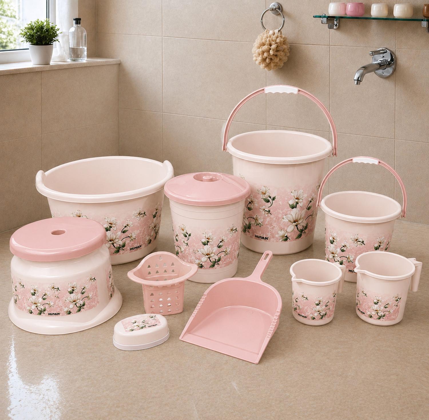Image of ZOOQ 10 Pcs Baby Pink Color Bath Set | Bucket for Bathroom | Bathroom Bucket Set | 20 L Plastic Bucket (Pink)