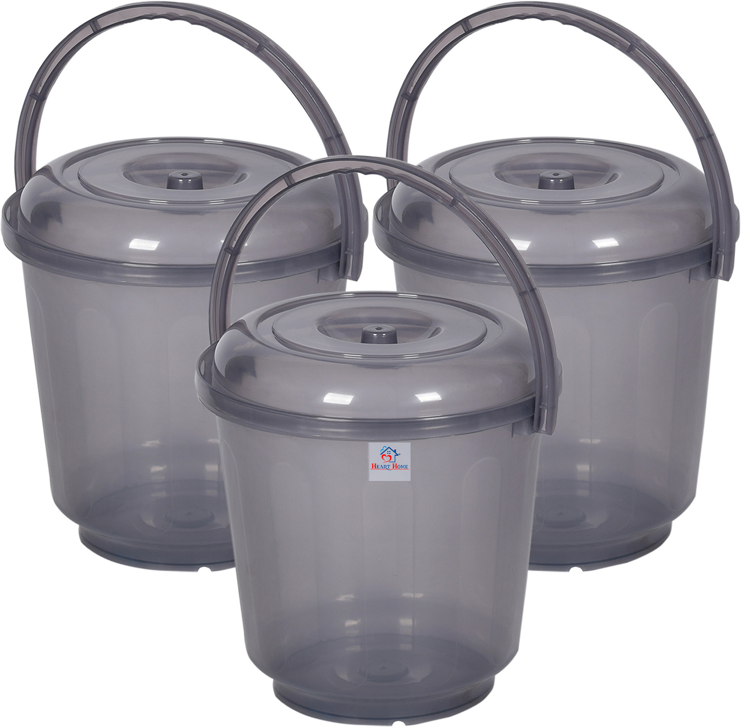 Image of Heart Home Bathroom Bucket with Handle & Lid|13 LTR|SUPER-013|Pack of 3|Transparent Gray 13 L Plastic Bucket