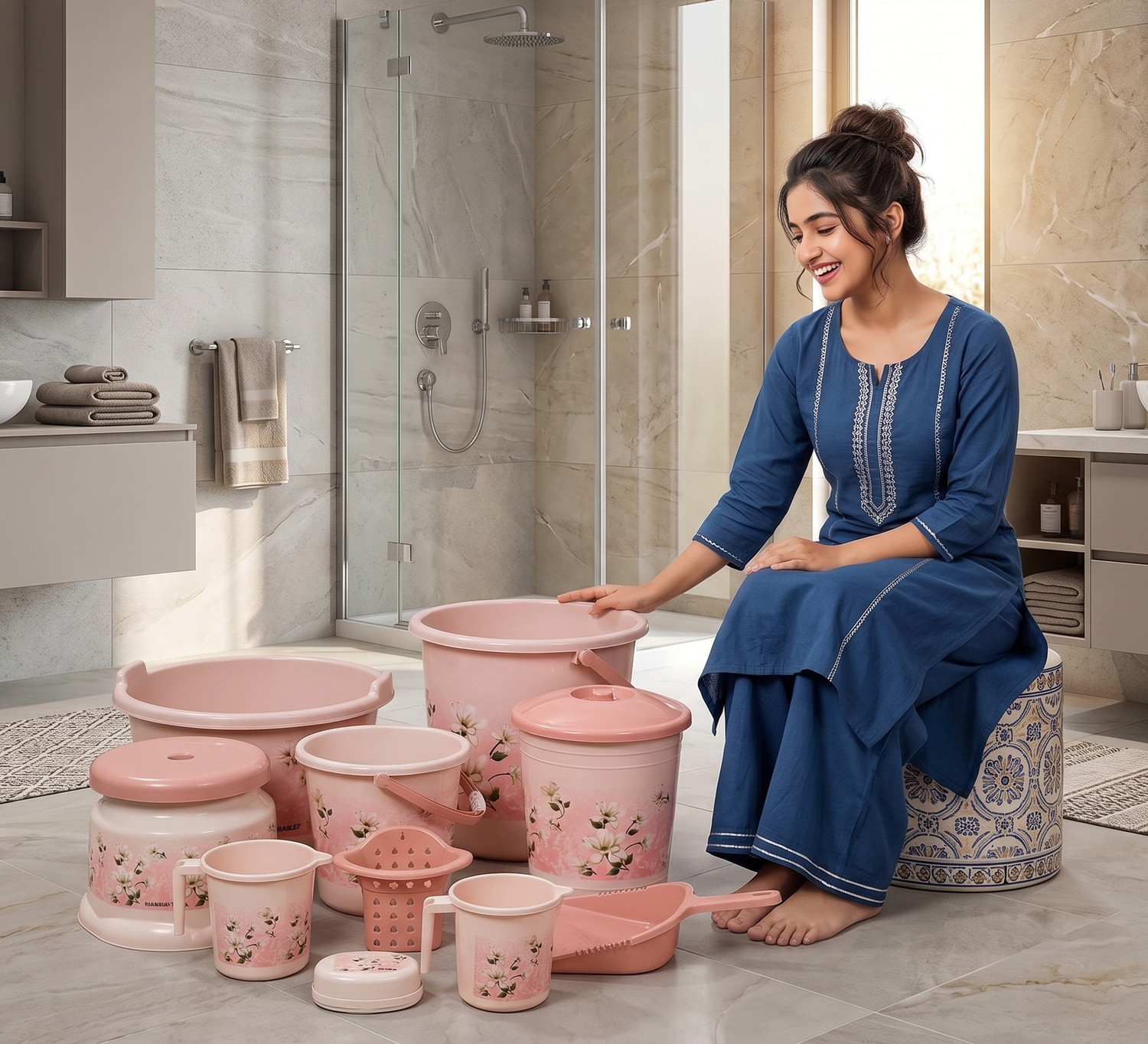 Image of himalay thermoplast 10 Pcs Baby Pink Set / Bucket for Bathroom / Bathroom Bucket Set / 20 L Plastic Bucket
