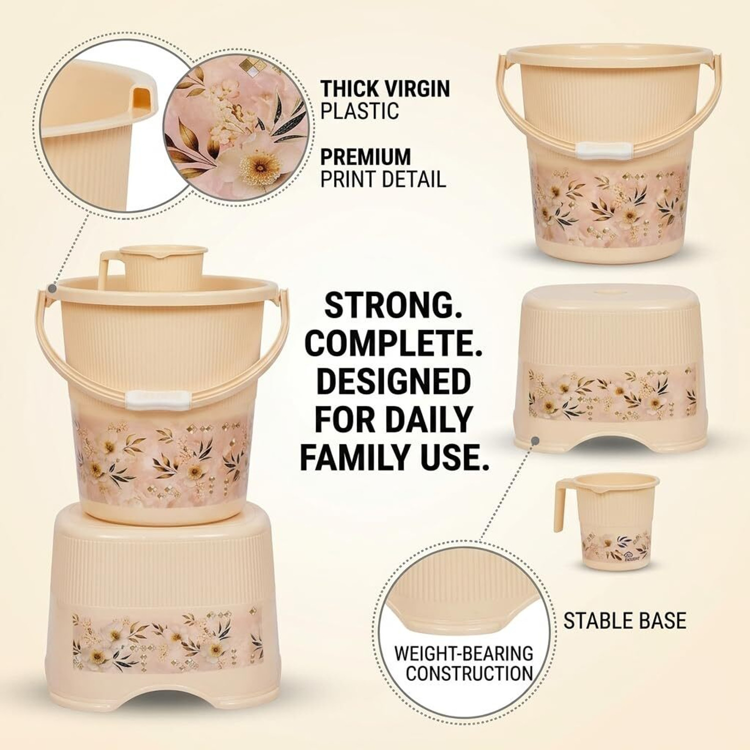 Image of Smartslide Bathroom set of 3 Bucket, Stool, Tumbler 18 L Plastic Bucket