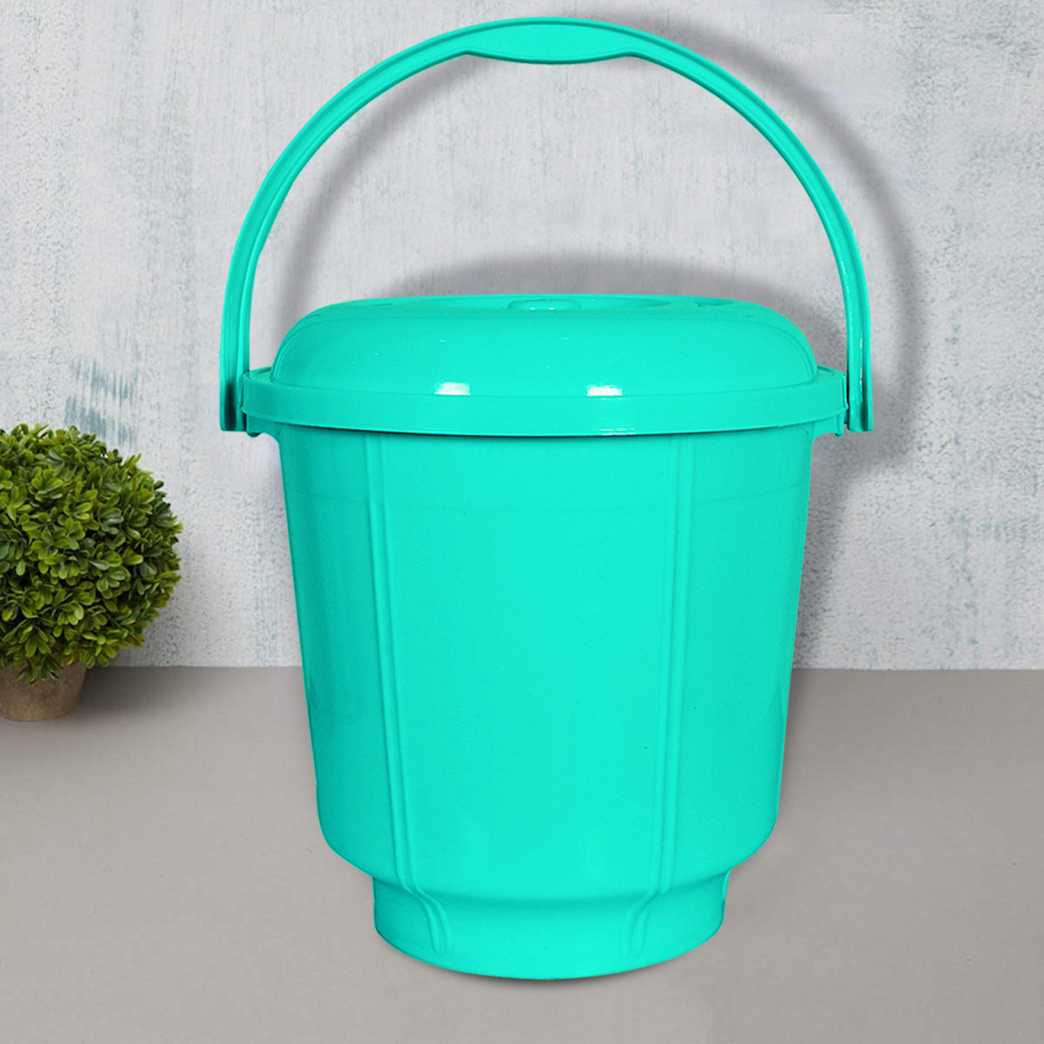 Image of KUBER INDUSTRIES Plastic Strong Bathroom Bucket With Lid And Handle,13 Ltr,Pack of 2 (Mint Green) 13 L Plastic Bucket