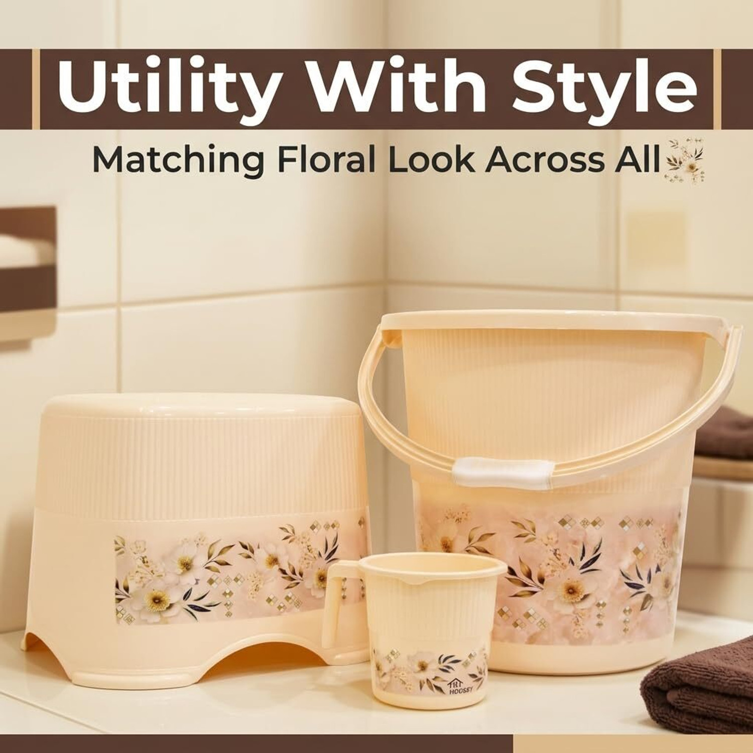 Image of Smartslide Bathroom set of 3 Bucket, Stool, Tumbler 18 L Plastic Bucket