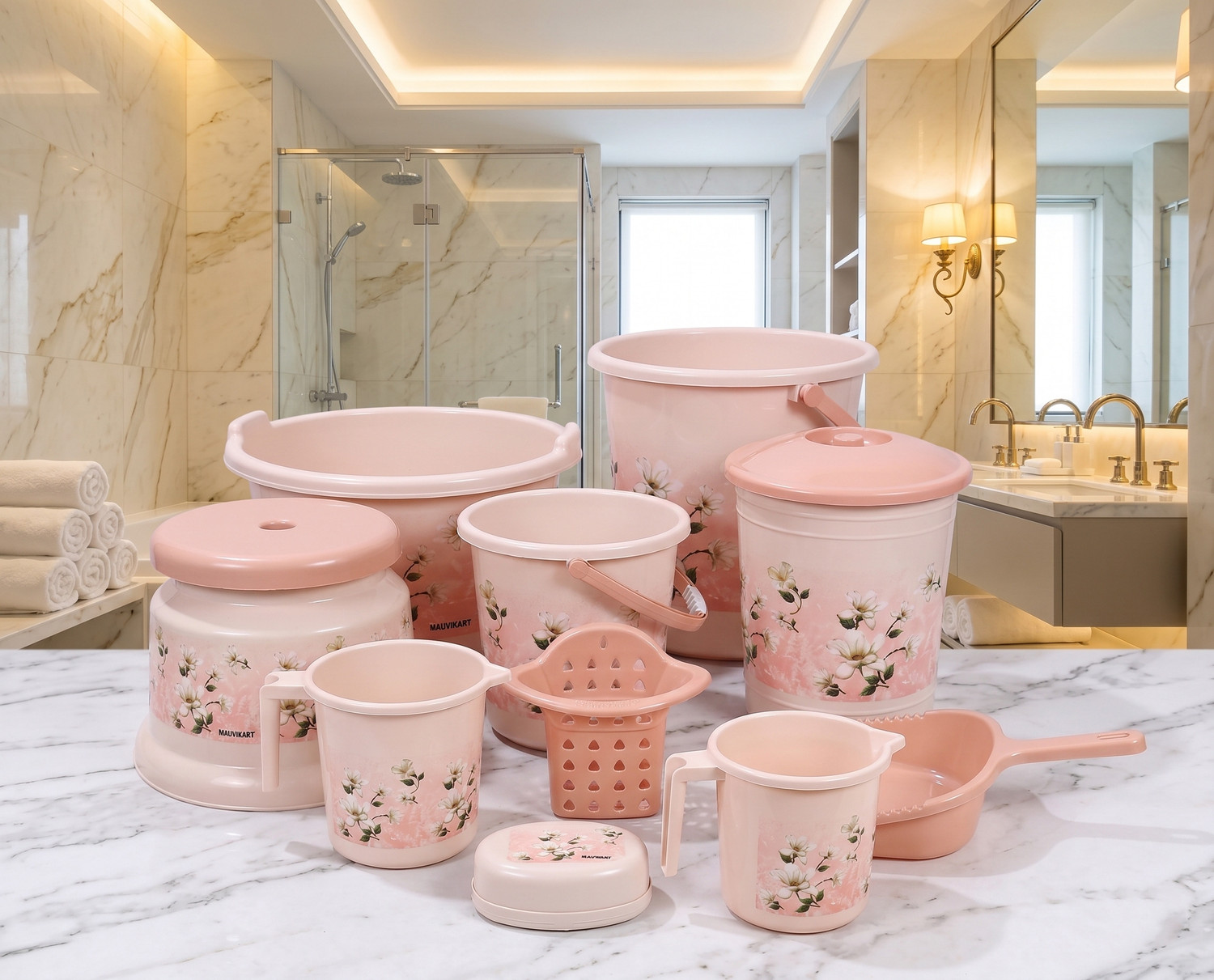 Image of himalay thermoplast 10 Pcs Baby Pink Set / Bucket for Bathroom / Bathroom Bucket Set / 20 L Plastic Bucket