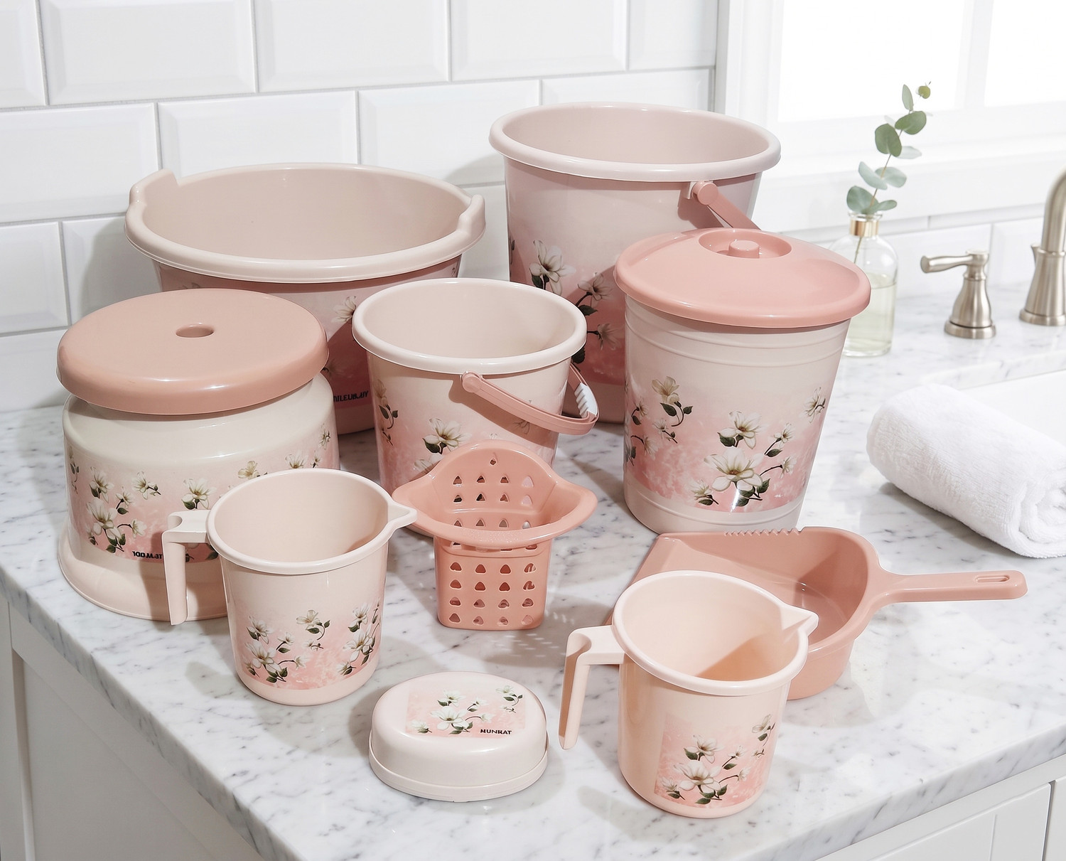 Image of himalay thermoplast 10 Pcs Baby Pink Set / Bucket for Bathroom / Bathroom Bucket Set / 20 L Plastic Bucket