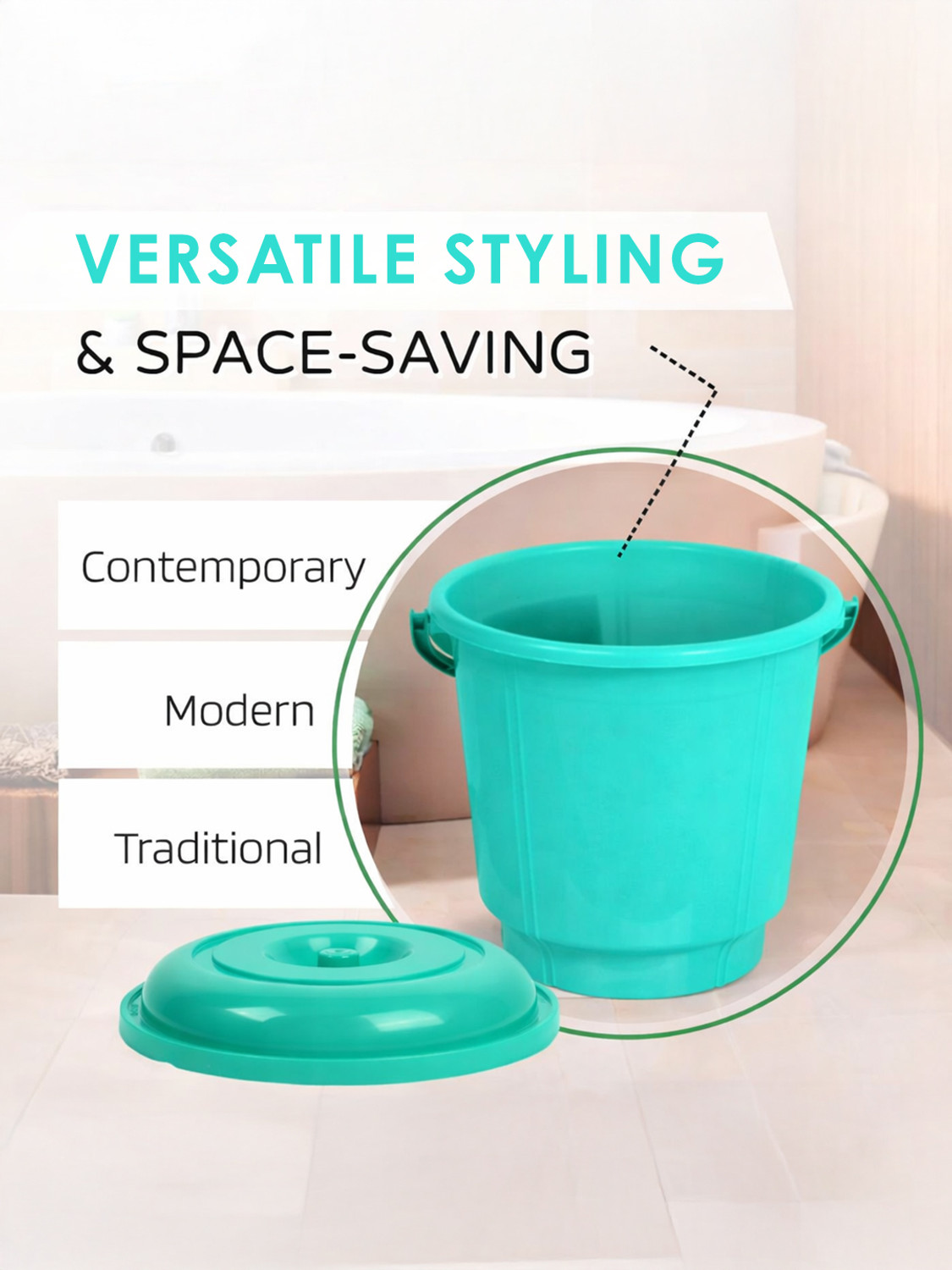 Image of KUBER INDUSTRIES Durable Strong Bathroom Bucket With Lid And Handle (Mint Green) 13 L Plastic Bucket