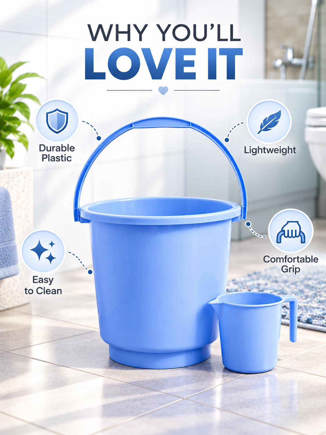 Image of HOMESTIC 2 Pieces Plastic Bathroom Bucket & Mug Set (Blue) 16 L Plastic Bucket (Blue)
