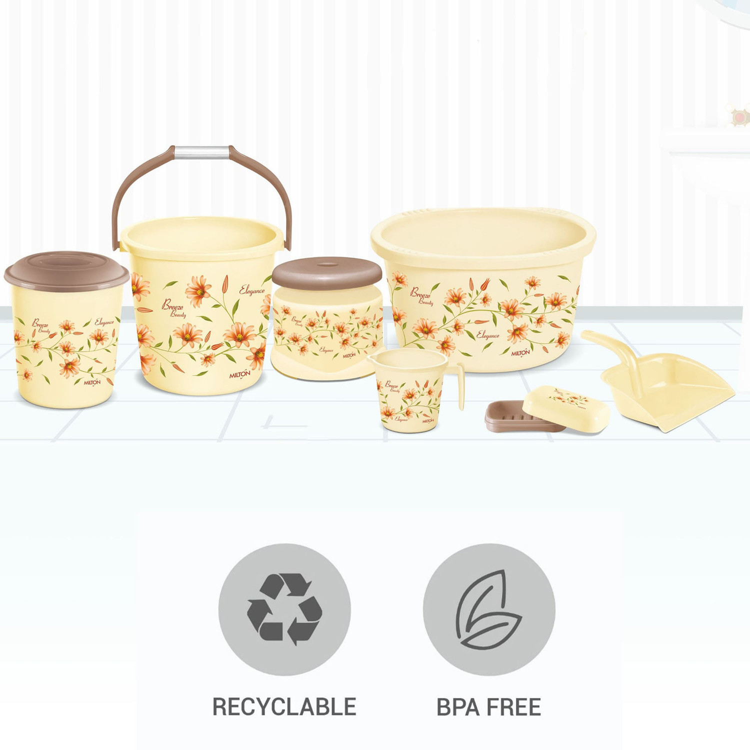 Image of MILTON Elegance Waste Paper Plastic Bath Set of 7 , Elegance 18 L Plastic Bucket