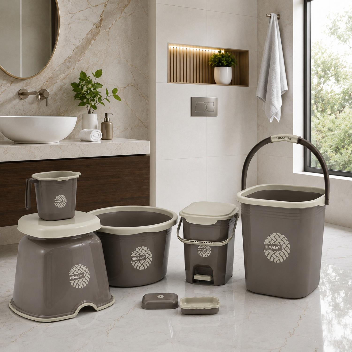 Image of himalay thermoplast bathroom set with bucket with 20 L Bucket, Mug, Tub, Stool, Dustbin & Soap Case 20 L Plastic Bucket