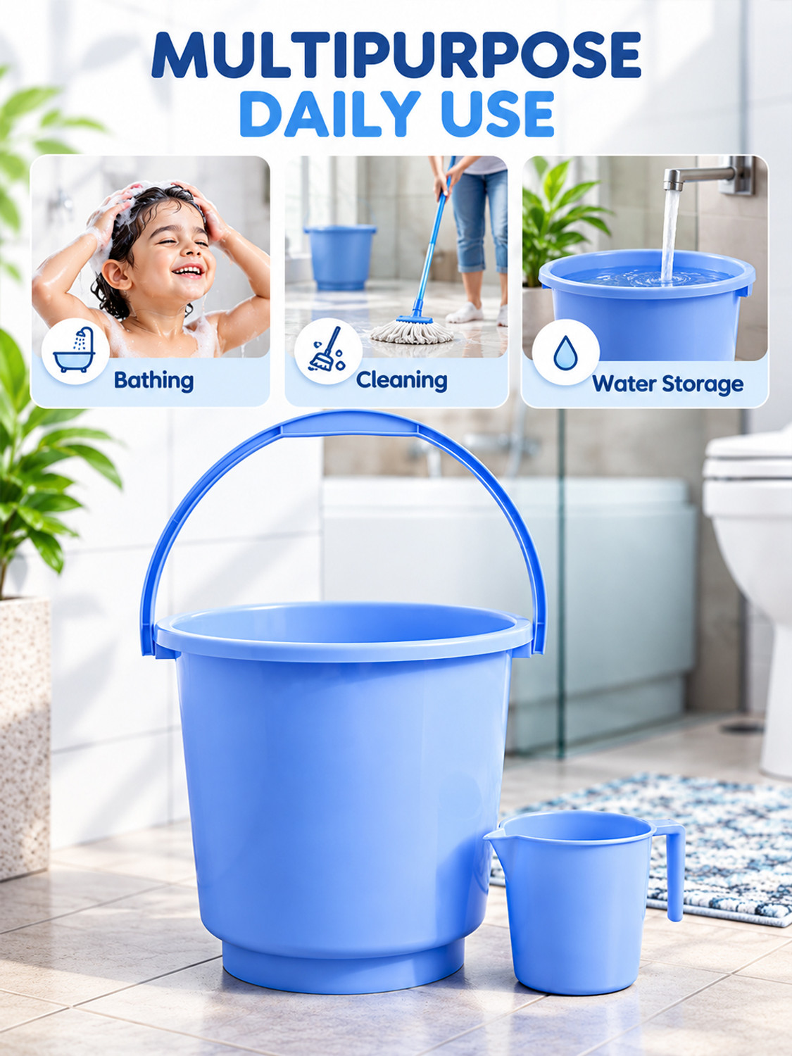 Image of HOMESTIC 2 Pieces Plastic Bathroom Bucket & Mug Set (Blue) 16 L Plastic Bucket (Blue)