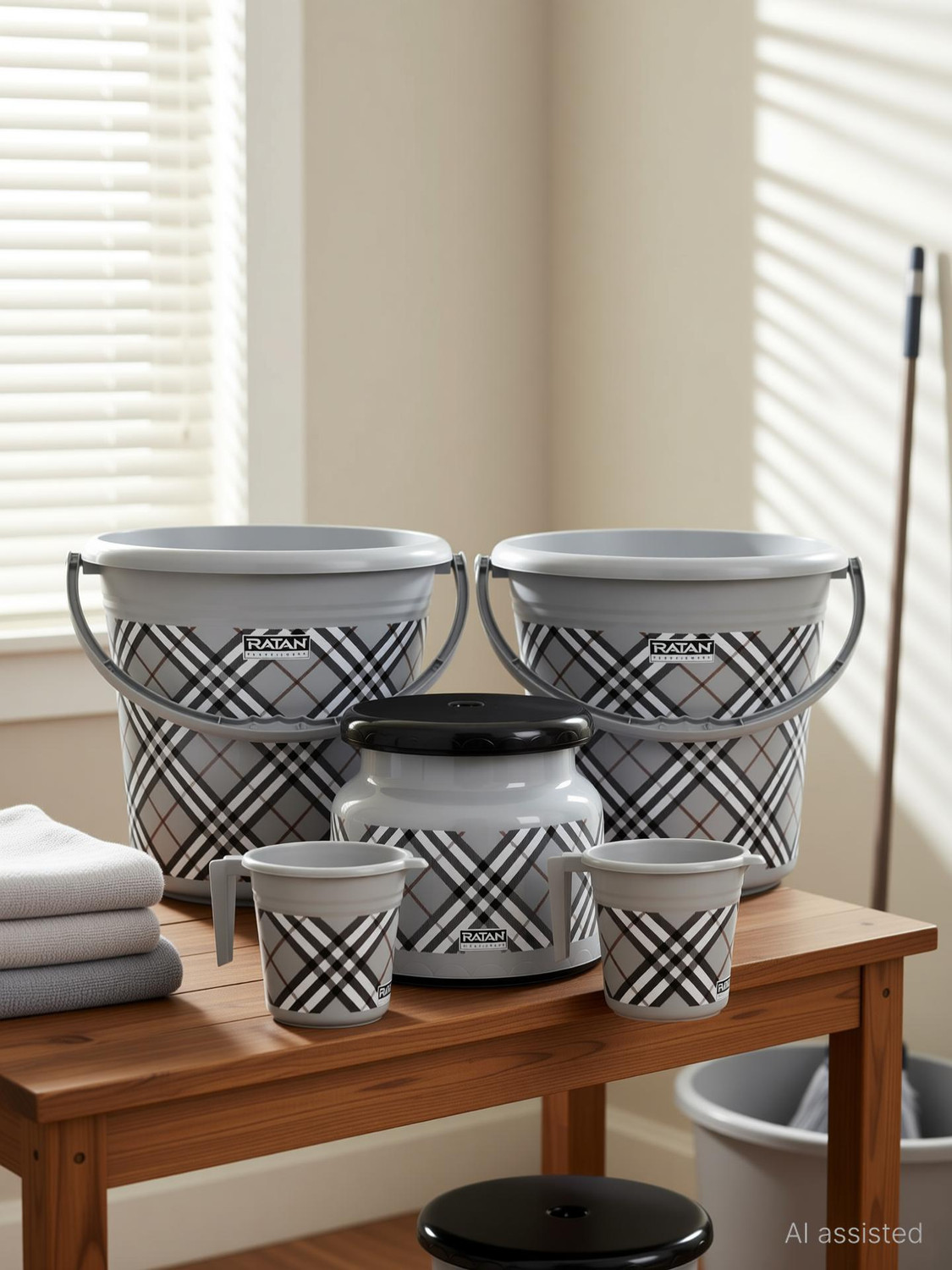 Image of RATAN Frosty Checks Print Grey Pack of 5 Bathroom Set (Bucket, Mug, Stool) 20 L Plastic Bucket (Grey)