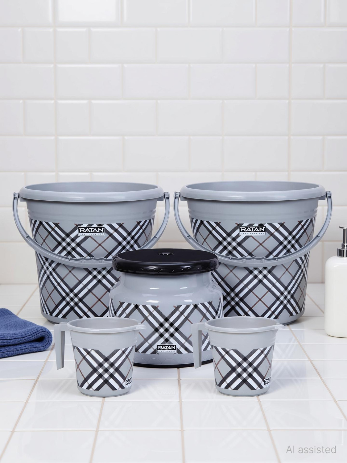 Image of RATAN Frosty Checks Print Grey Pack of 5 Bathroom Set (Bucket, Mug, Stool) 20 L Plastic Bucket (Grey)