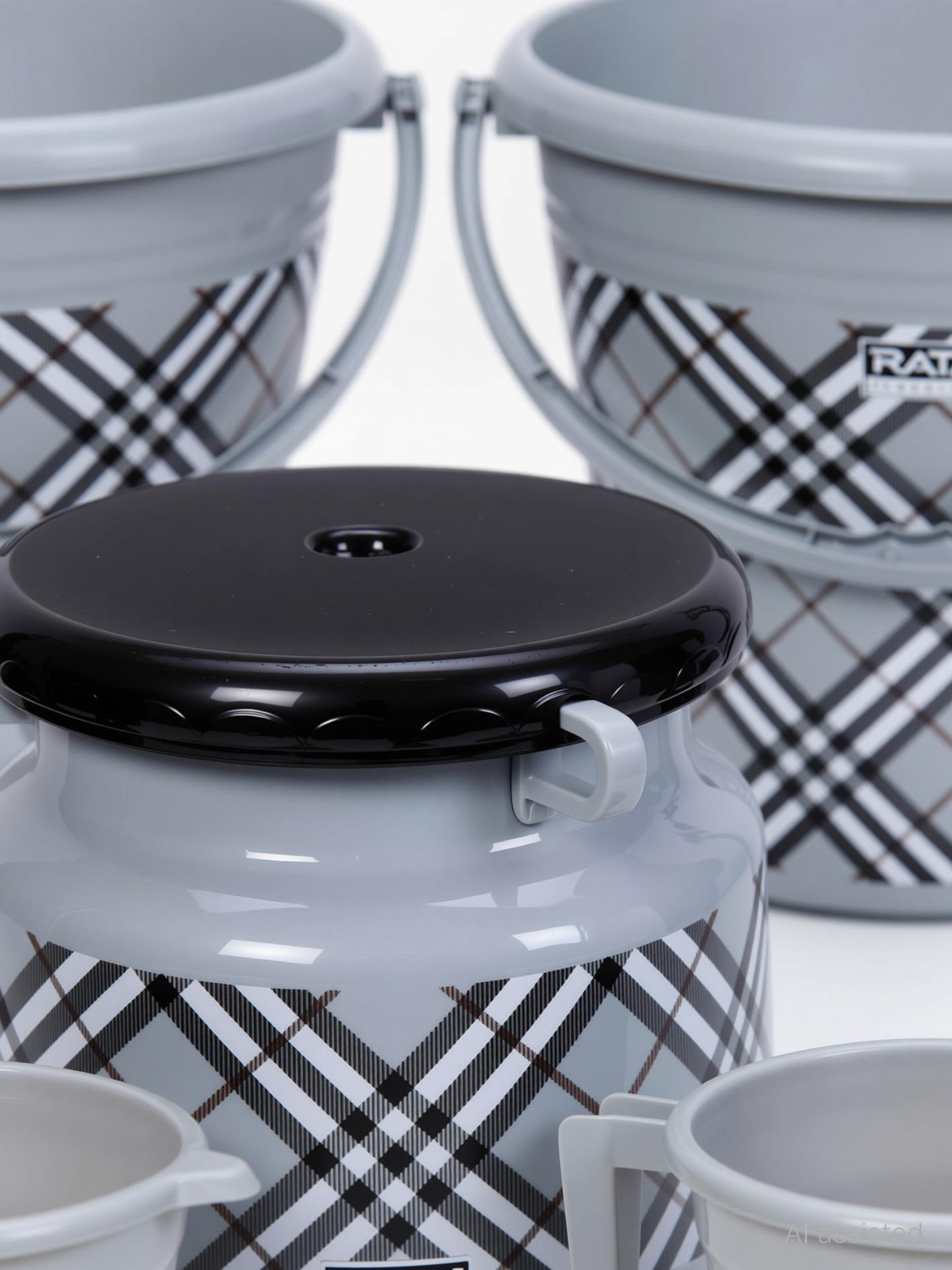 Image of RATAN Frosty Checks Print Grey Pack of 5 Bathroom Set (Bucket, Mug, Stool) 20 L Plastic Bucket (Grey)