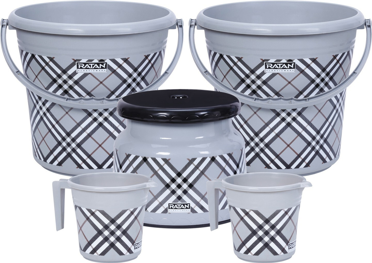 Image of RATAN Frosty Checks Print Grey Pack of 5 Bathroom Set (Bucket, Mug, Stool) 20 L Plastic Bucket (Grey)