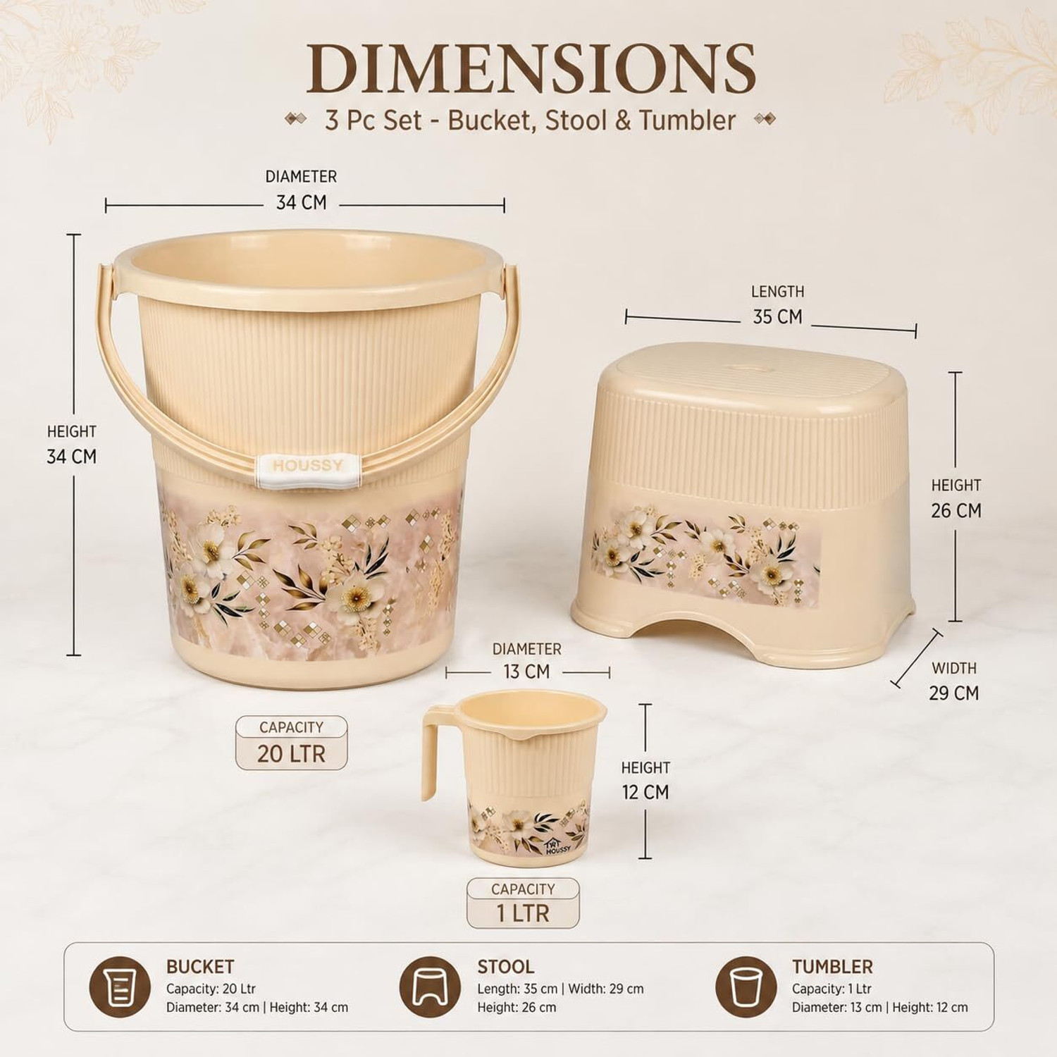 Image of Smartslide Bathroom set of 3 Bucket, Stool, Tumbler 18 L Plastic Bucket