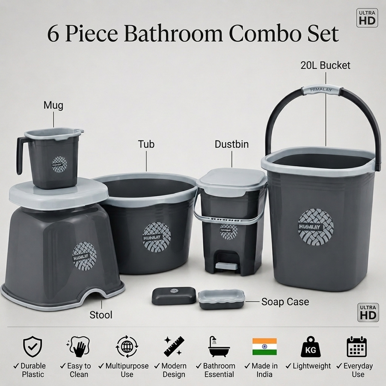 Image of himalay thermoplast bathroom set with bucket with 20 L Bucket, Mug, Tub, Stool, Dustbin & Soap Case 20 L Plastic Bucket