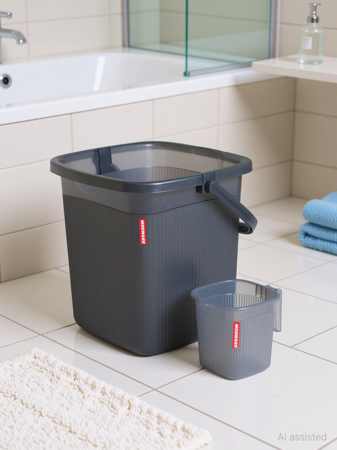 Image of MODWARE Grey Plastic Bucket, Mug Set Durable Lightweight Premium Quality Bathroom Set 18 L Polypropylene Bucket