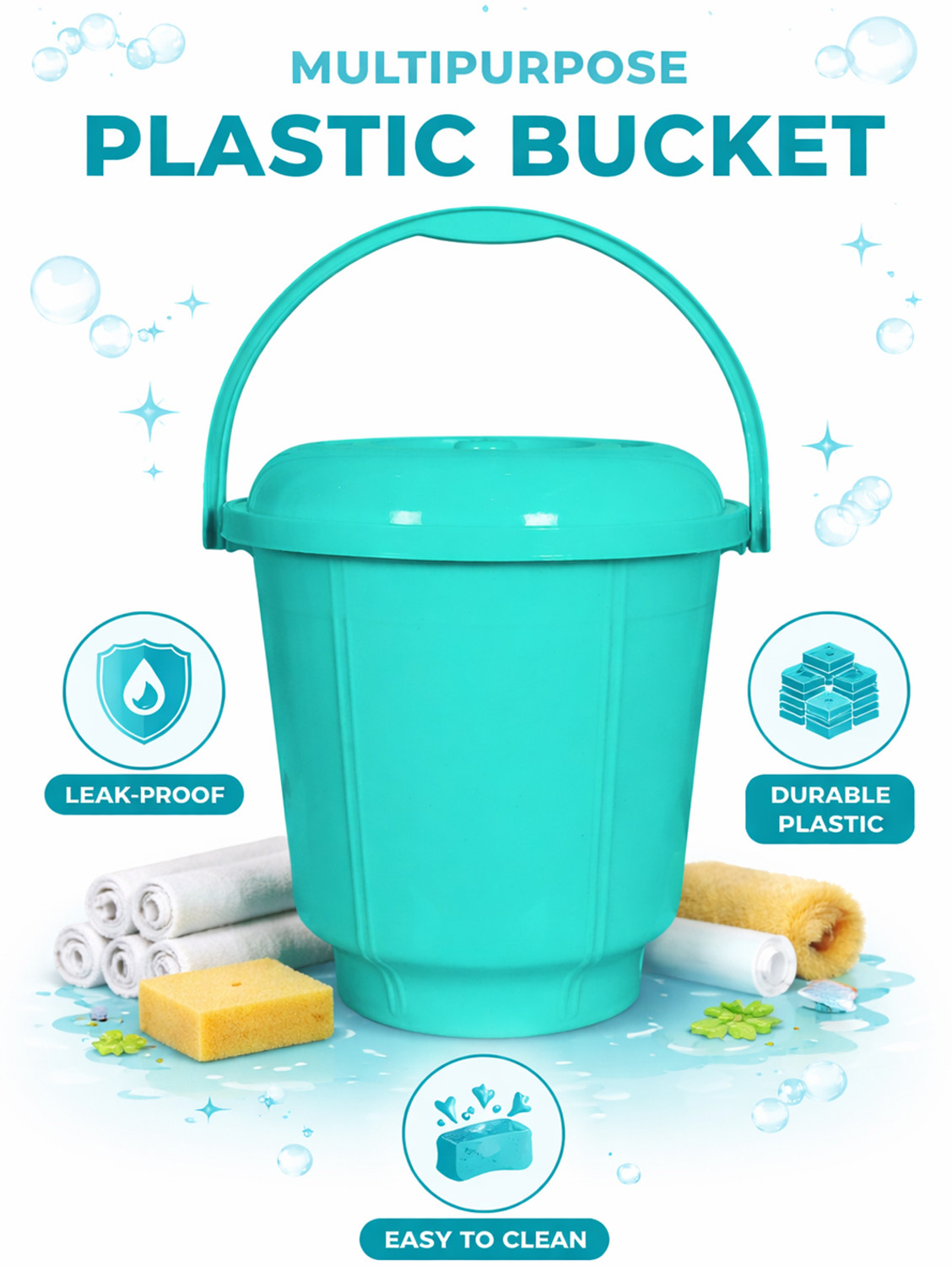 Image of KUBER INDUSTRIES Durable Strong Bathroom Bucket With Lid And Handle (Mint Green) 13 L Plastic Bucket