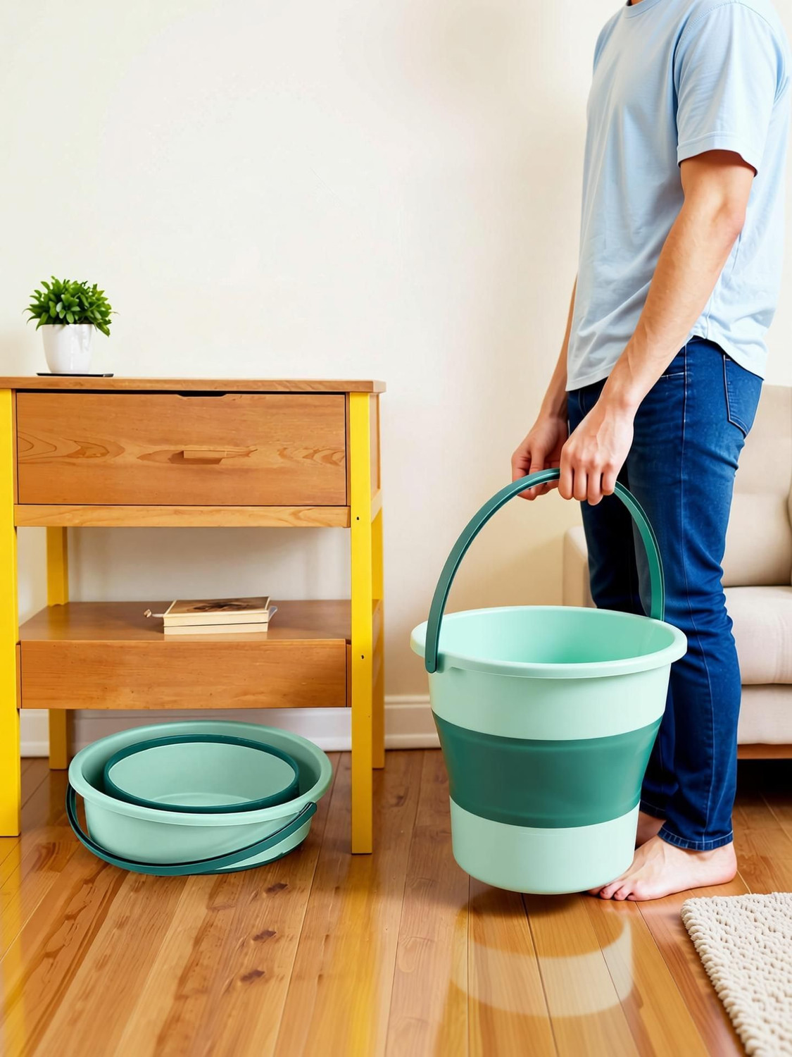 Image of ZUHI Foldable Bucket for Bathroom Cleaning, Car Wahs, Foot Soak Hot /Cold Water 10 L Silicone Bucket (Green)