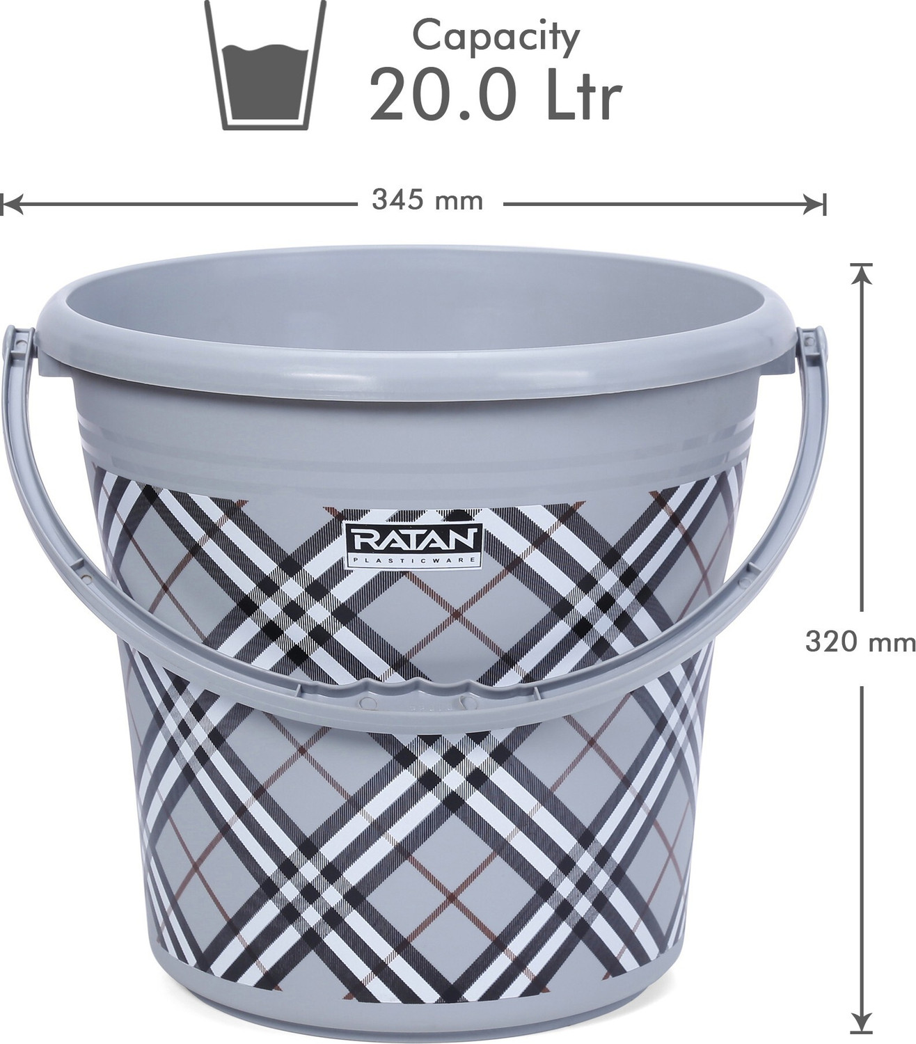 Image of RATAN Frosty Checks Print Grey Pack of 5 Bathroom Set (Bucket, Mug, Stool) 20 L Plastic Bucket (Grey)