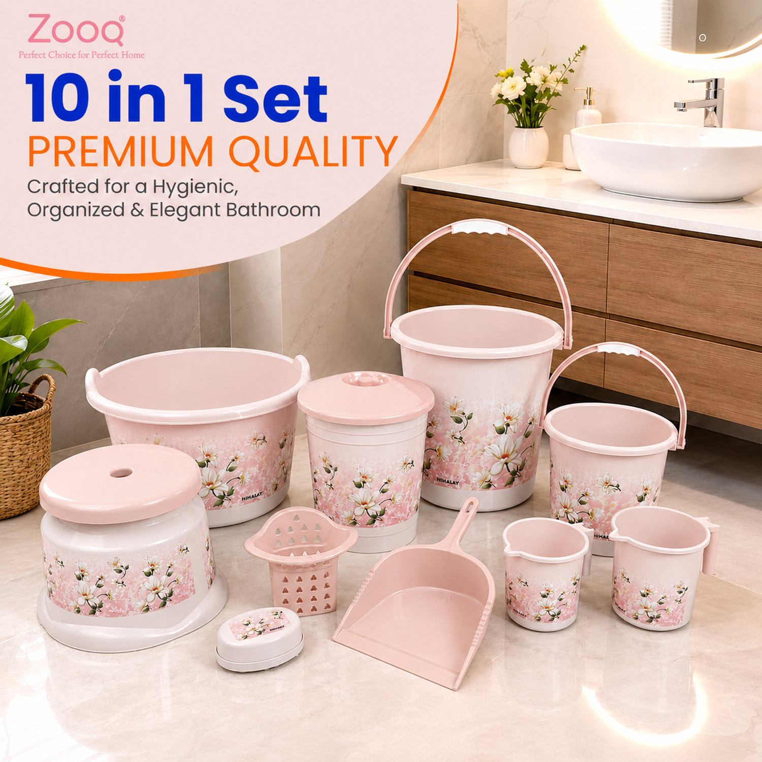 Image of ZOOQ 10 Pcs Baby Pink Color Bath Set | Bucket for Bathroom | Bathroom Bucket Set | 20 L Plastic Bucket (Pink)