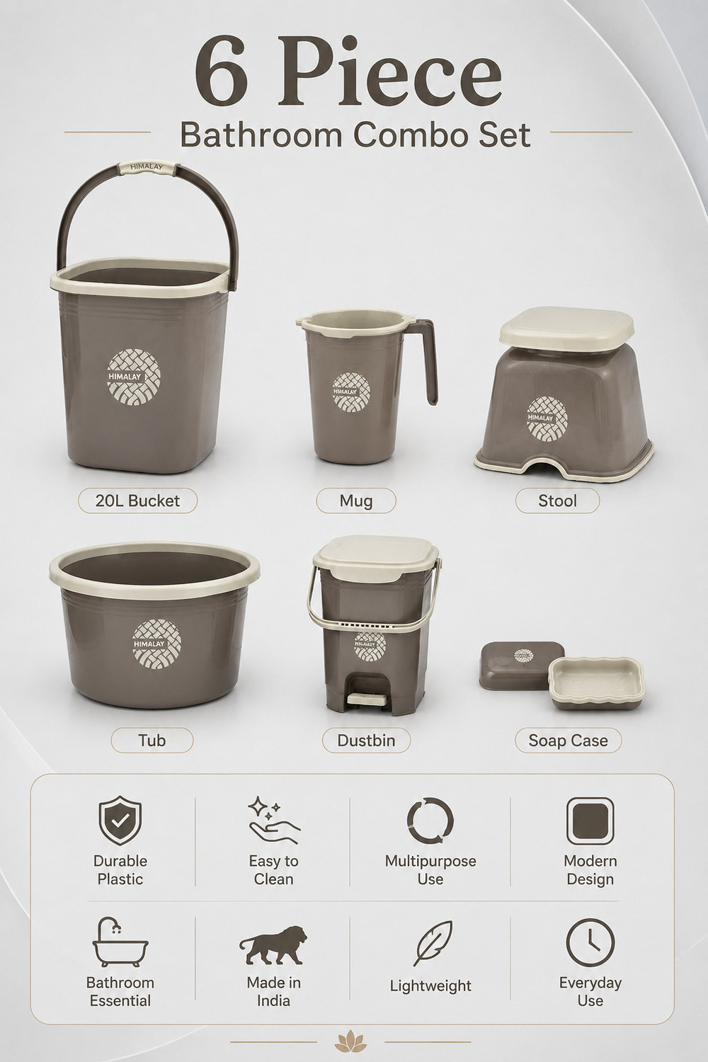 Image of himalay thermoplast bathroom set with bucket with 20 L Bucket, Mug, Tub, Stool, Dustbin & Soap Case 20 L Plastic Bucket