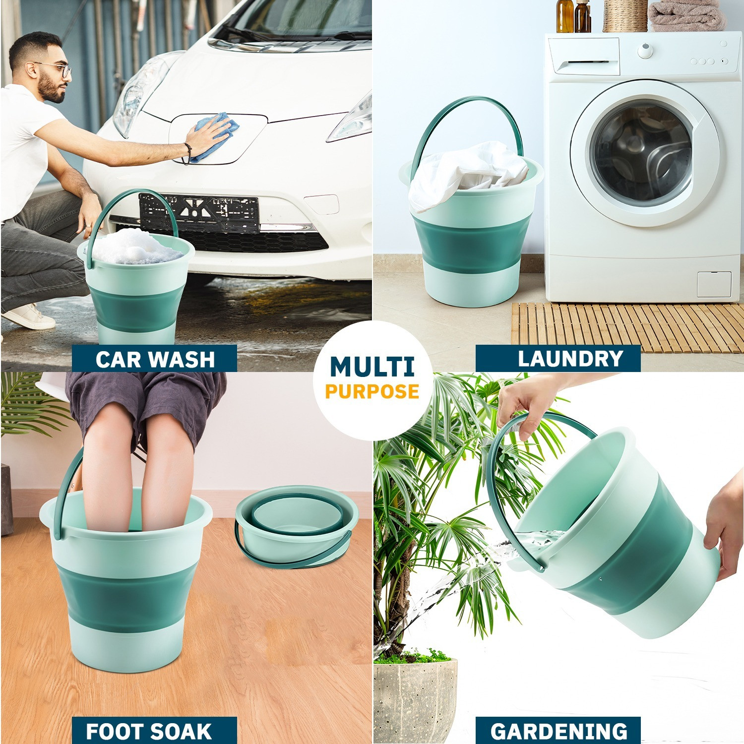 Image of ZUHI Foldable Bucket for Bathroom Cleaning, Car Wahs, Foot Soak Hot /Cold Water 10 L Silicone Bucket (Green)