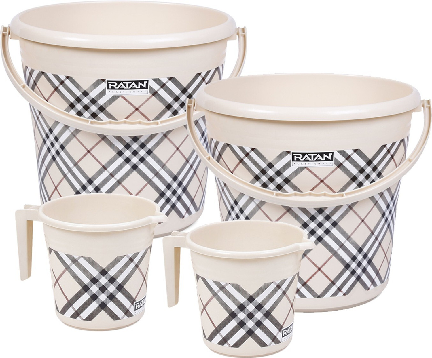 Image of RATAN Frosty Checks Print Beige Pack of 4 Bathroom Set (Bucket x 2, Mug x 2) 25 L Plastic Bucket