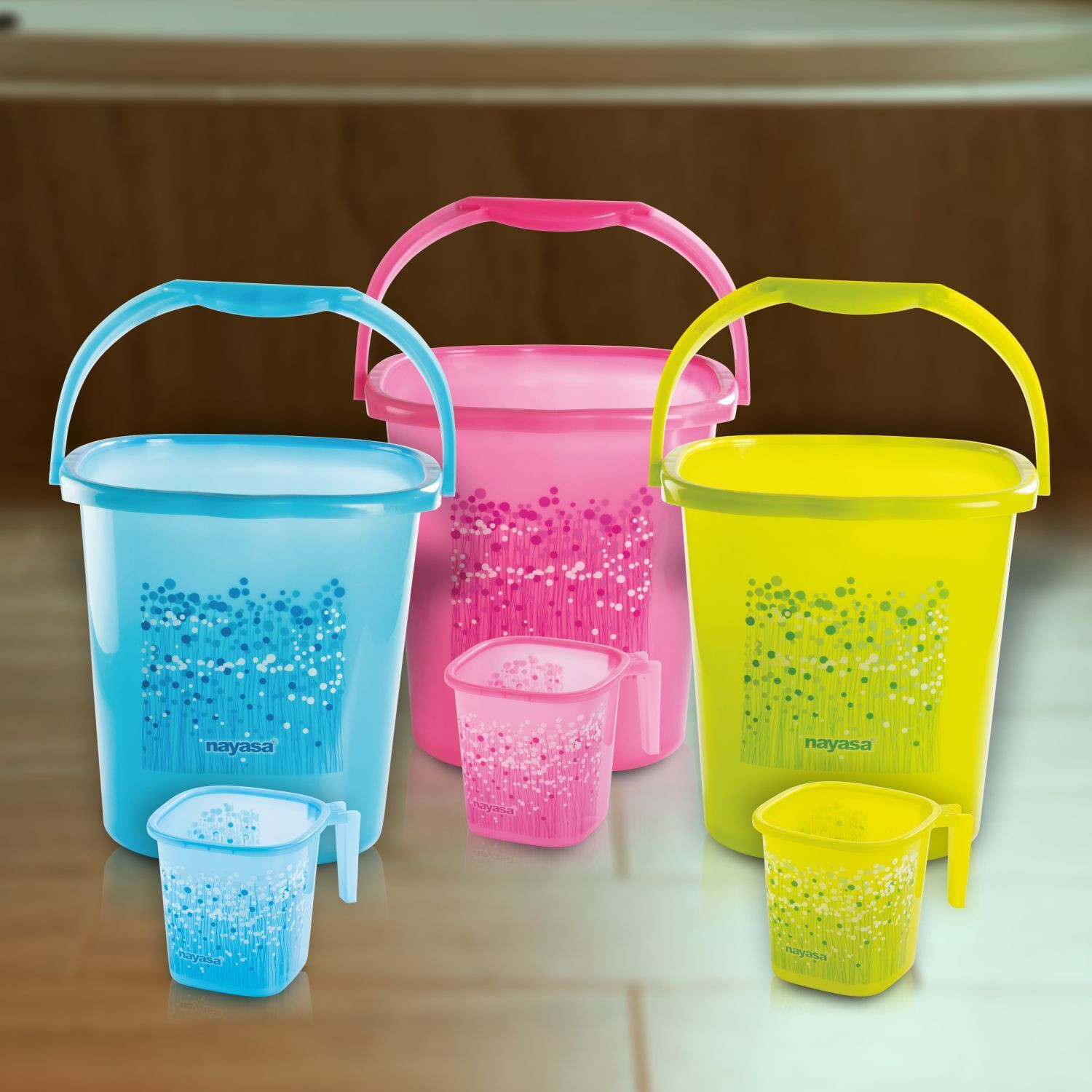 Image of NAYASA Funk Square 6 Pcs Bath Set | Sturdy and Durable | 3 Bkt 25 L+3 Mug 1.5 L | 25 L Plastic Bucket (Multicolor)