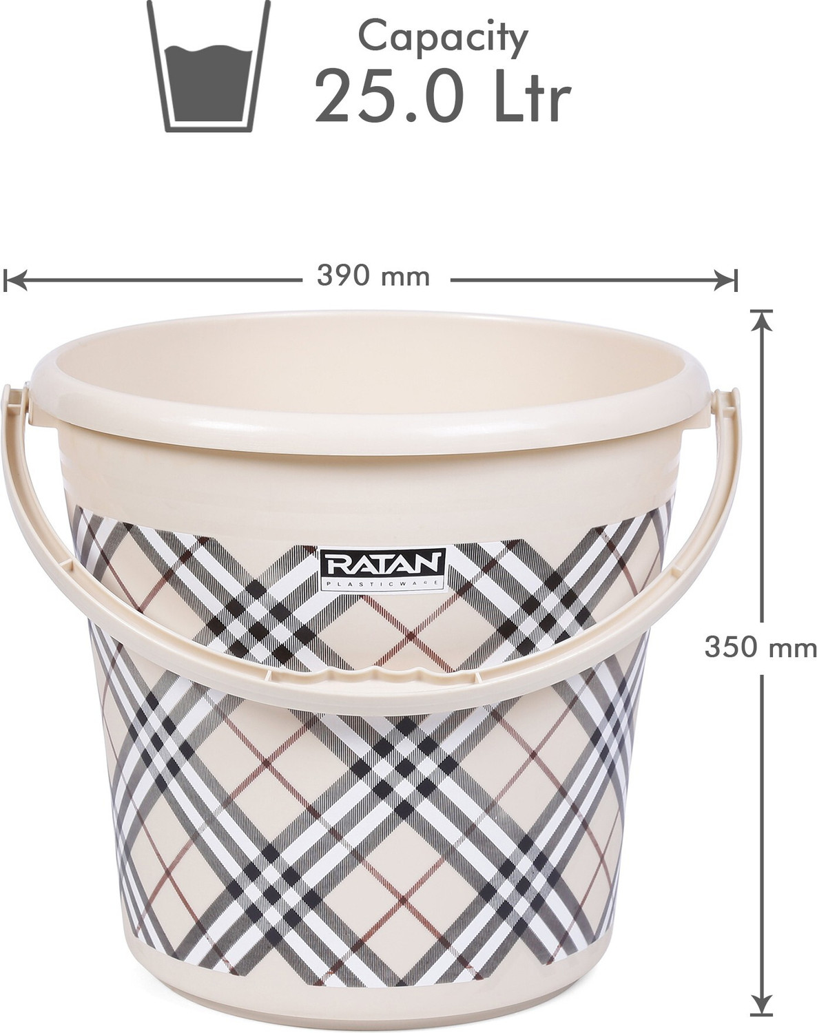 Image of RATAN Frosty Checks Print Beige Pack of 4 Bathroom Set (Bucket x 2, Mug x 2) 25 L Plastic Bucket
