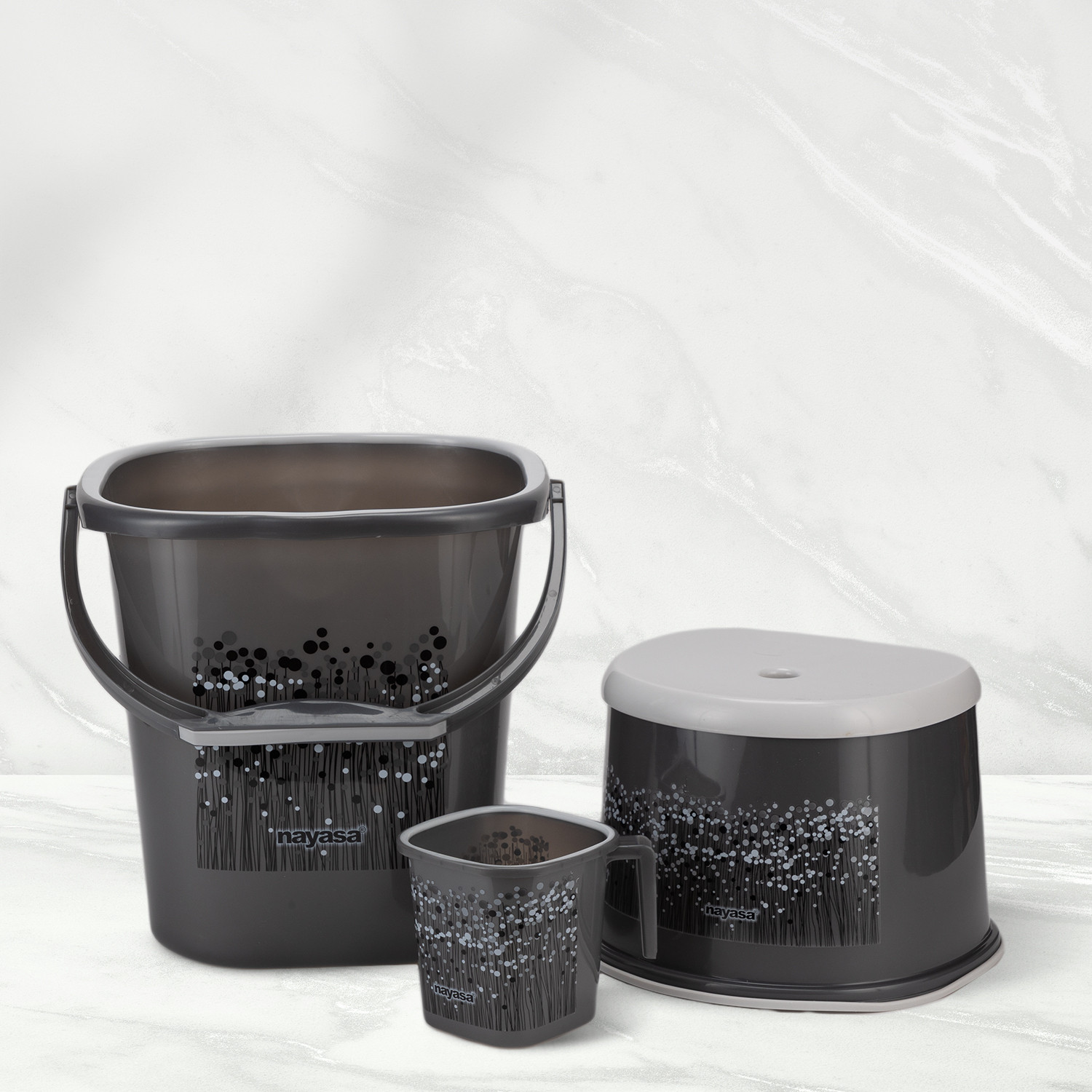 Image of NAYASA Funk Square 3 Pcs Bath Set | Sturdy and Durable | Bkt 25 L+Mug 1.5 L+508 Patla | 25 Ltr Bkt + 1.5 Mug + 508 Patla Plastic Bucket