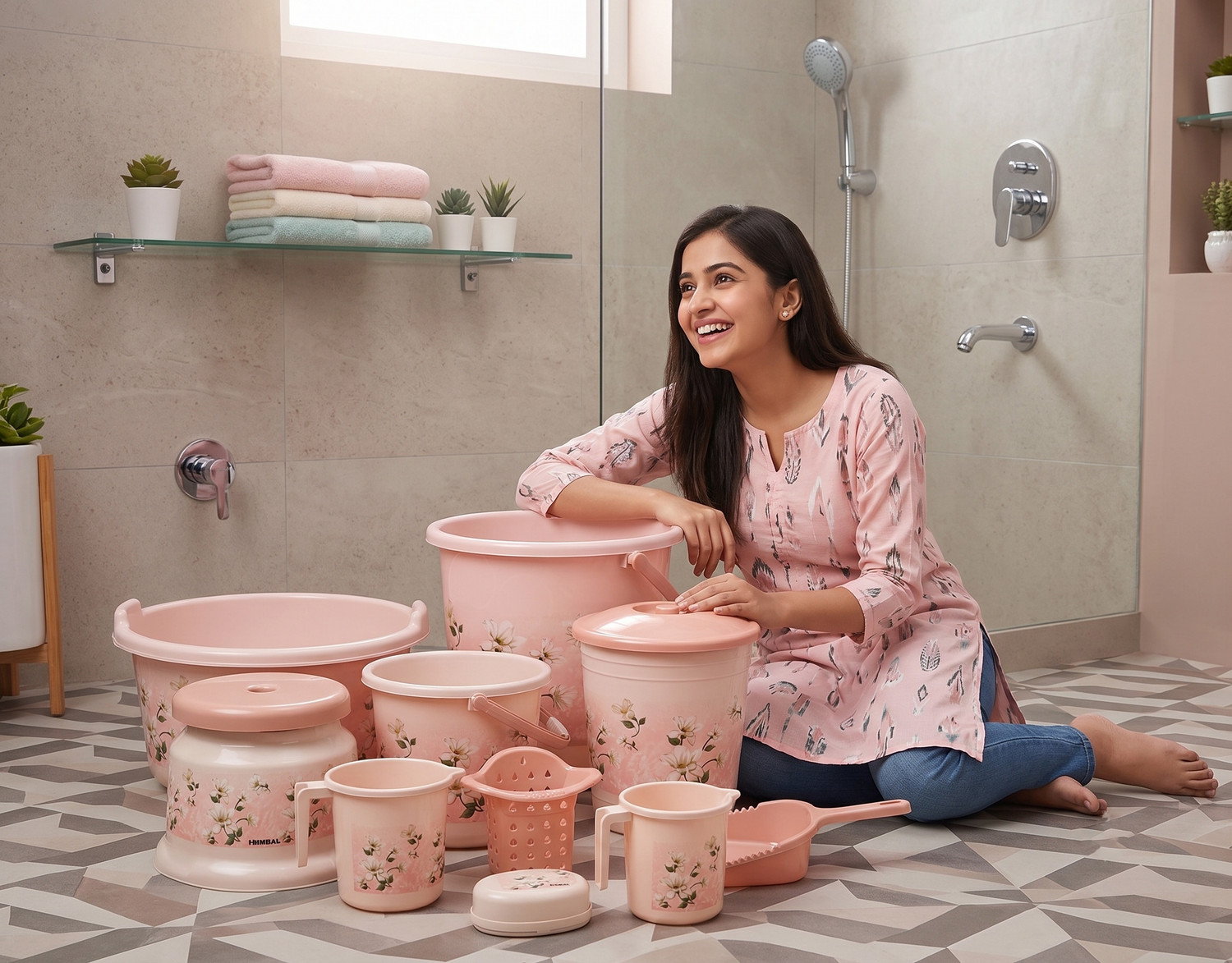Image of himalay thermoplast 10 Pcs Baby Pink Set / Bucket for Bathroom / Bathroom Bucket Set / 20 L Plastic Bucket