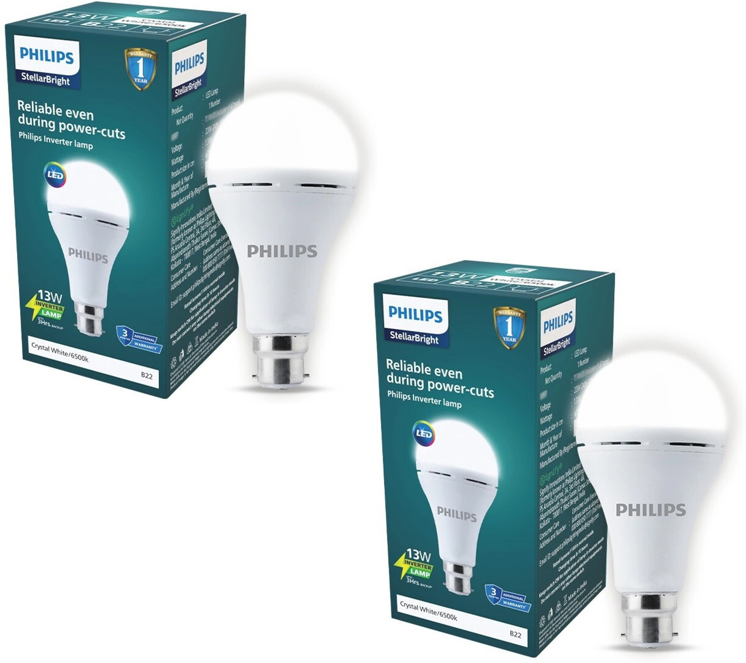 Image of PHILIPS 13 W Inverter Round B22 Inverter Bulb (White, Pack of 2)