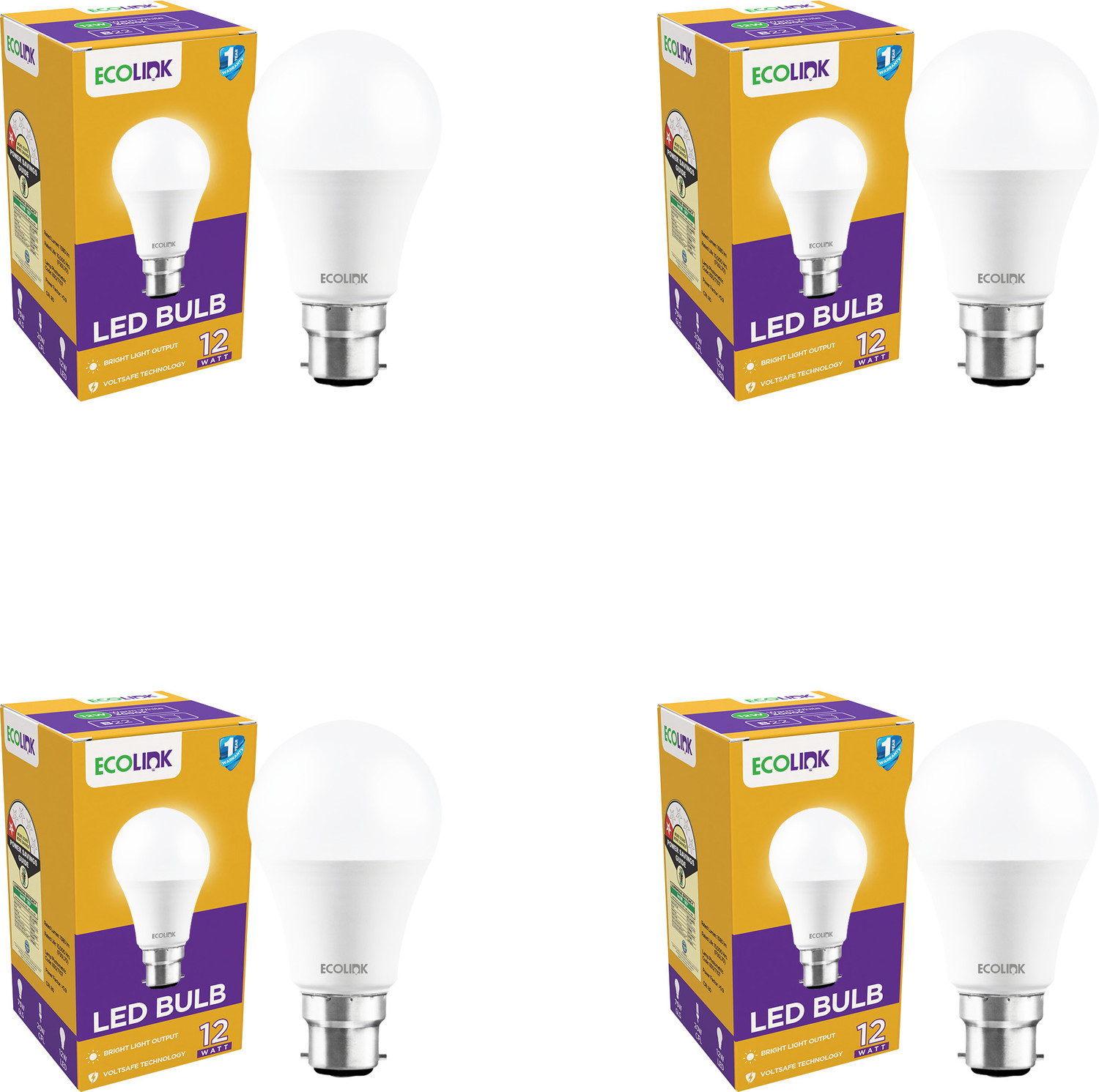 Image of EcoLink 12 W Basic Round B22 LED Bulb (White, Pack of 4)