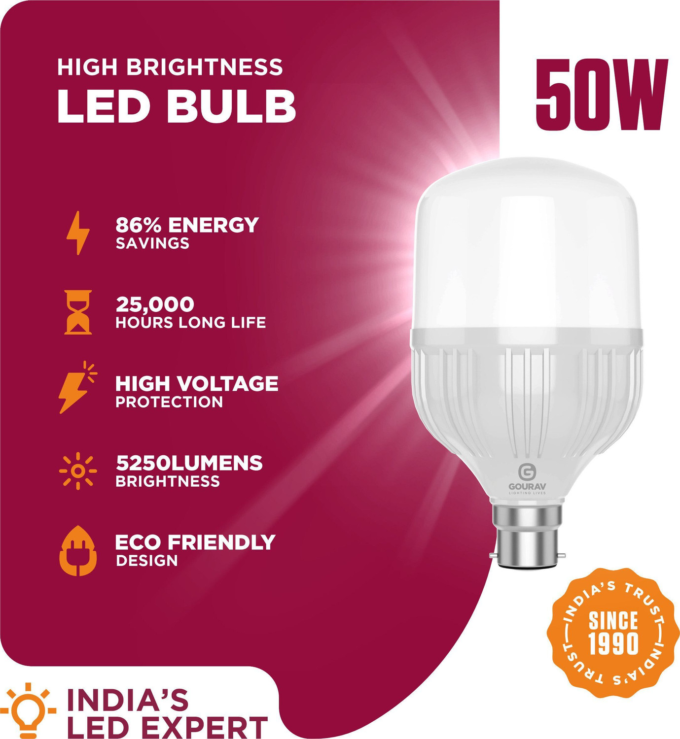 Image of GOURAV 50 W Eye Safety Compliance Arbitrary B22 LED Bulb
