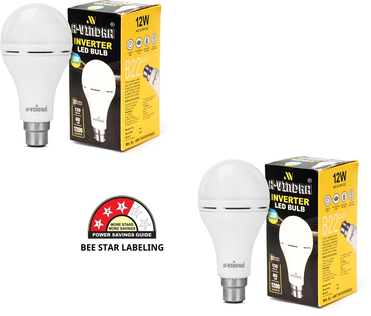 AVINDRA 12W LED Bulb | Rechargeable Emergency Light | 3H Backup | B22 | White 4 hrs Bulb Emergency Light